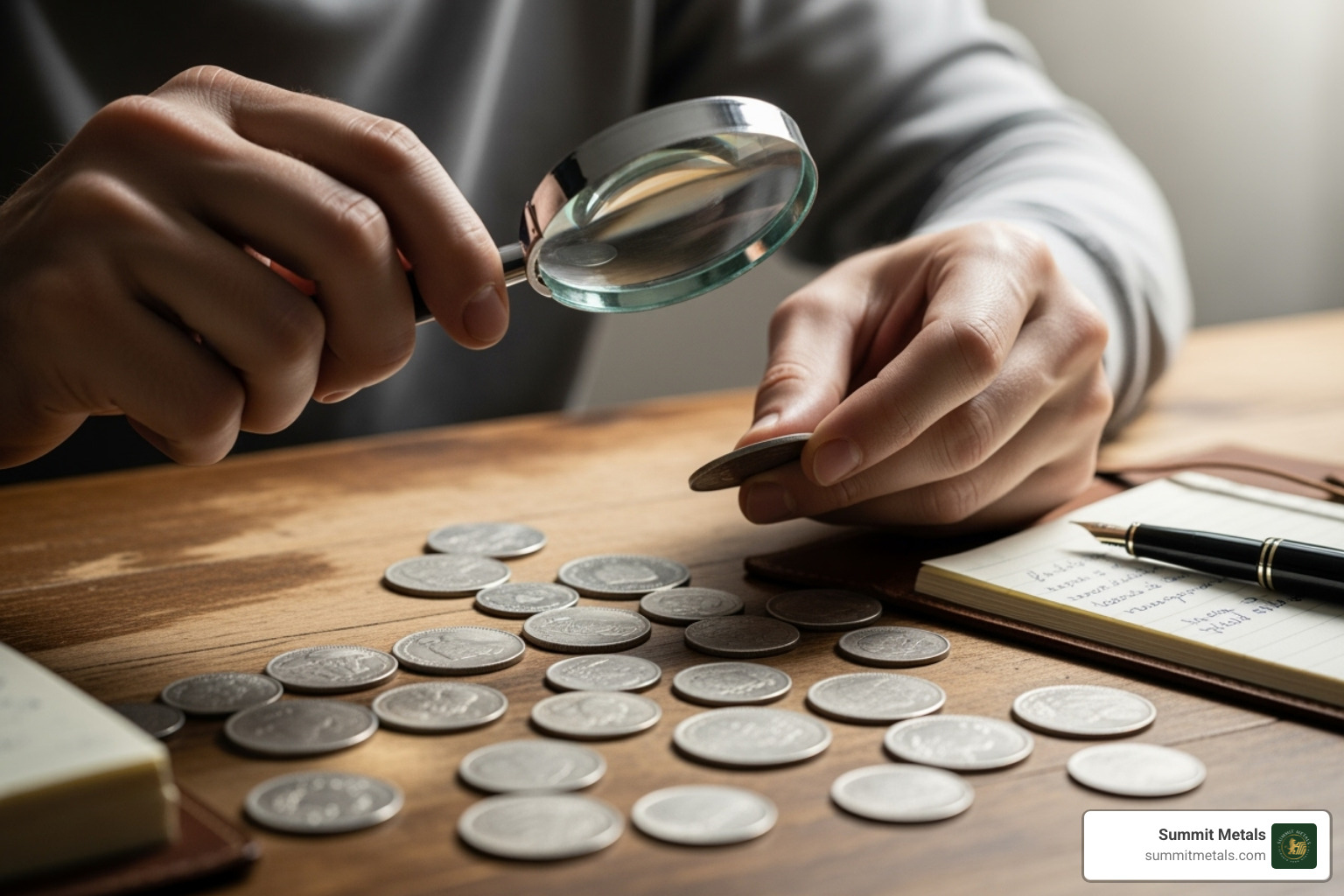 person organizing coins with a magnifying glass and a notepad - selling silver coins person organizing coins with a magnifying glass and a notepad - selling silver coins