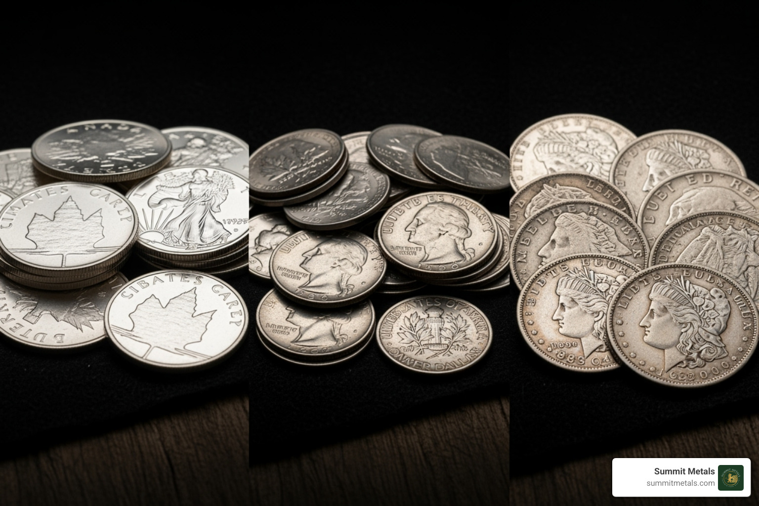three distinct piles of coins labeled "Bullion," "Junk Silver," and "Numismatic" - selling silver coins three distinct piles of coins labeled "Bullion," "Junk Silver," and "Numismatic" - selling silver coins