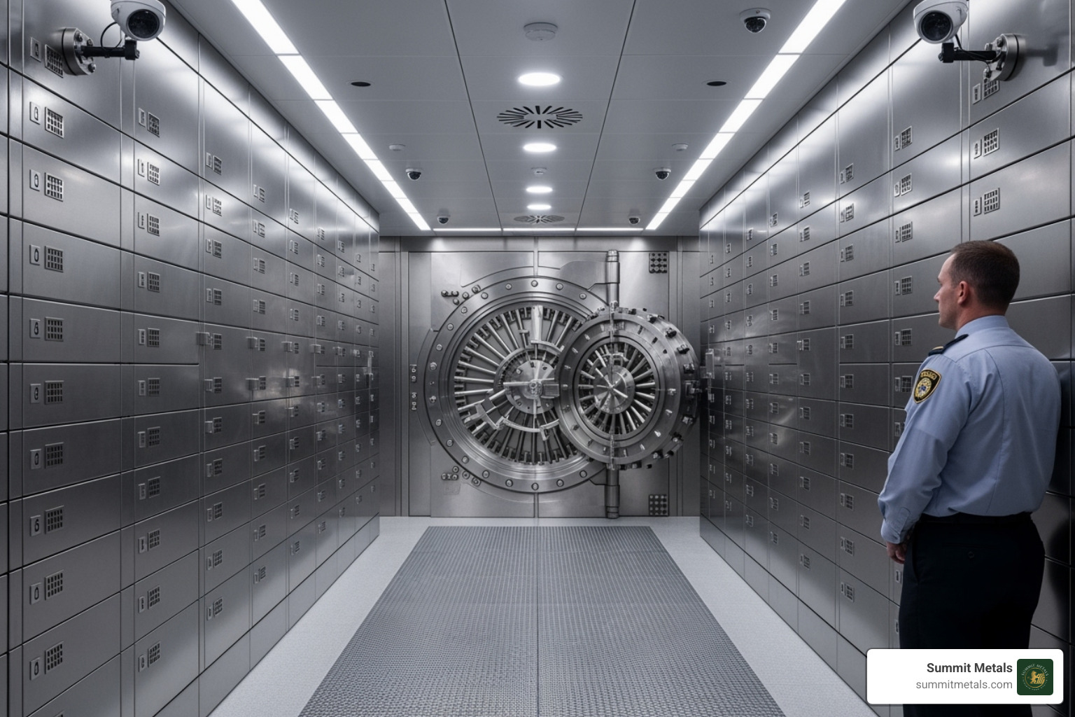 An image depicting the interior of a highly secure precious metals depository vault, with rows of safe deposit boxes and strong metallic doors. - bulk precious metals