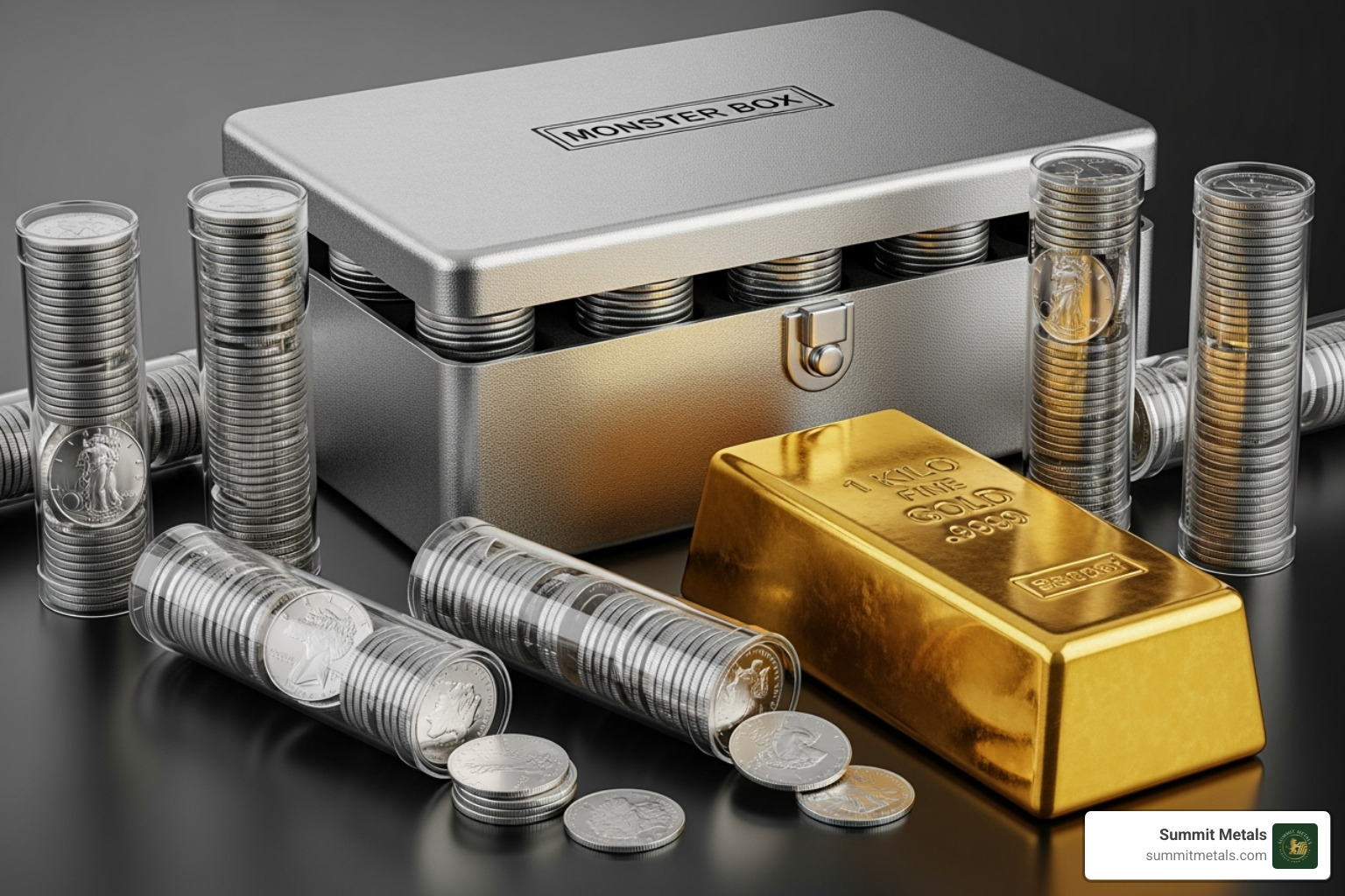 A collection of various precious metal products, including a silver Monster Box, a large gold bar, and tubes of silver coins, showcasing different bulk options. - bulk precious metals