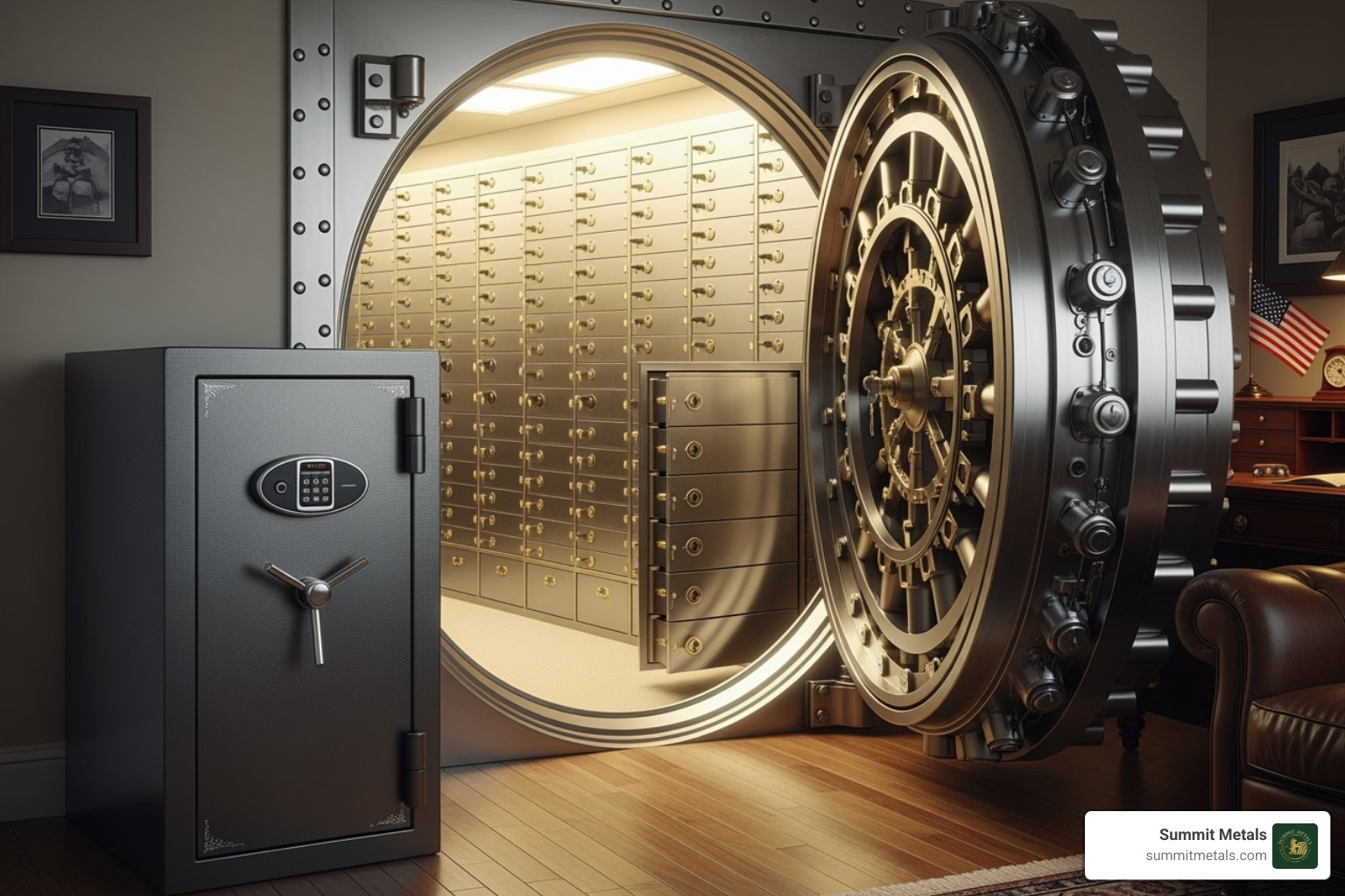 Secure home safe and a depository vault interior - precious metal investment