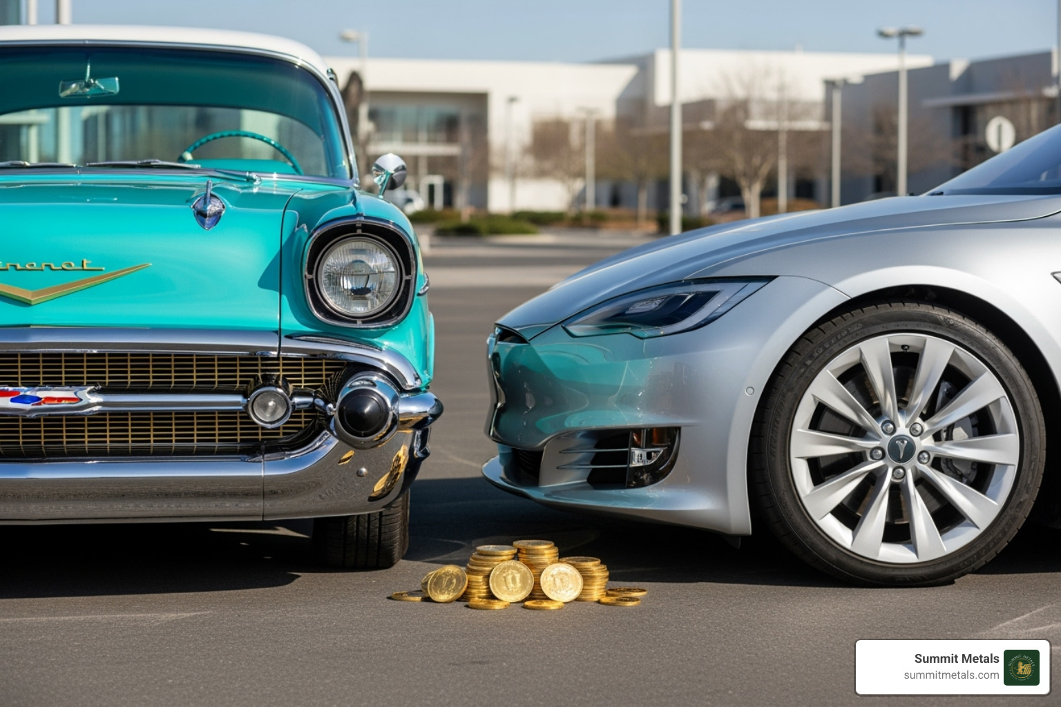 Vintage car next to a modern car, with a small pile of gold coins in between to illustrate stable purchasing power - precious metal investment