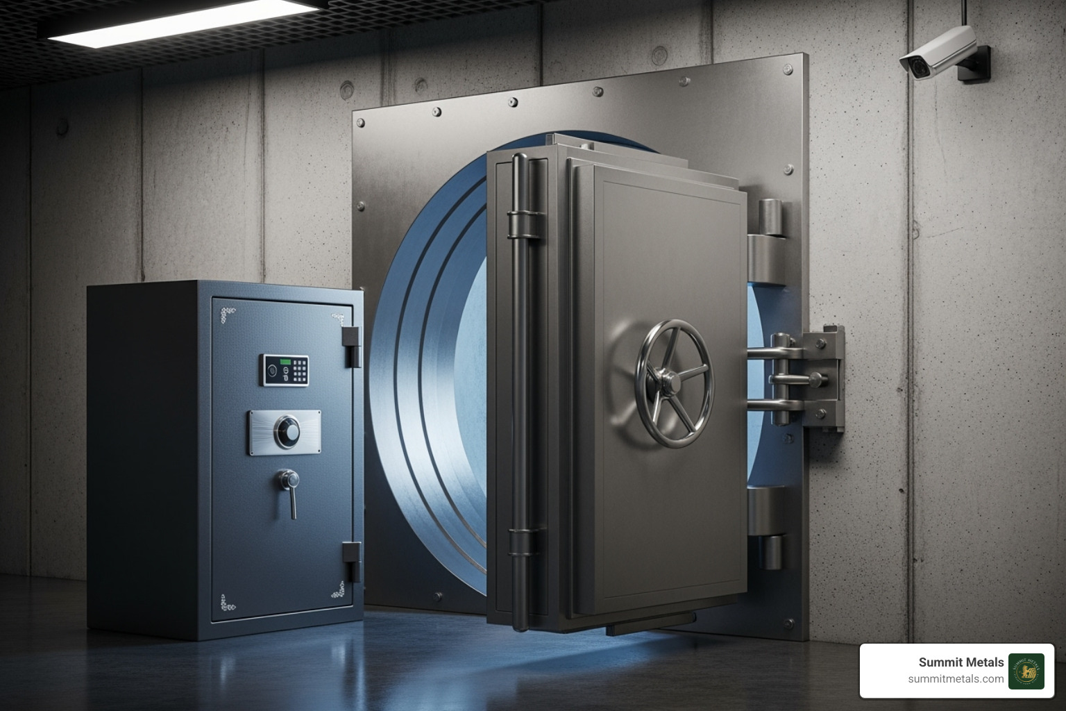 High-quality home safe next to a secure third-party depository vault - physical gold purchase