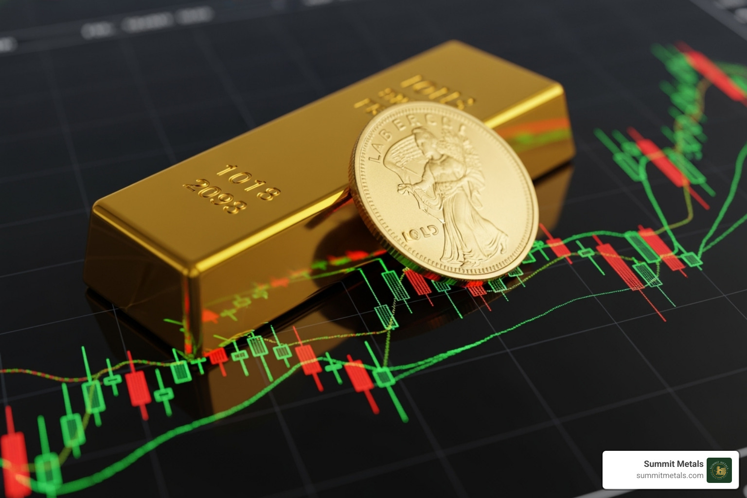 Gold bar and coin on a stock market chart - physical gold purchase