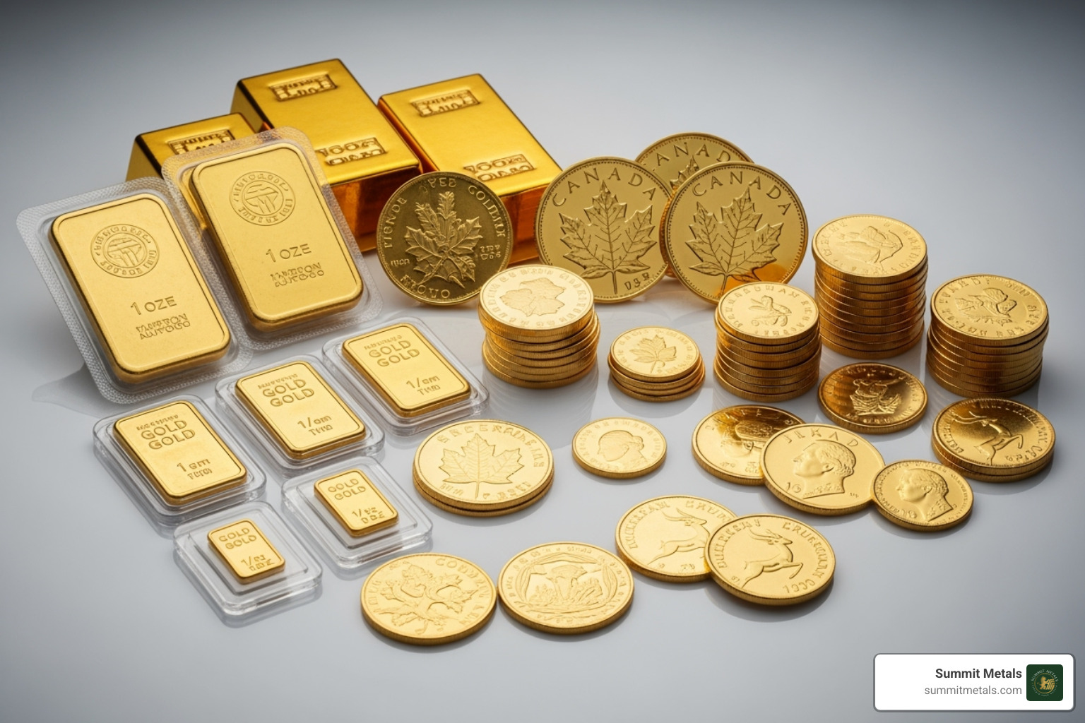 Various gold products including 1 oz bars, fractional bars, and different types of coins like Maple Leafs and Krugerrands - physical gold purchase