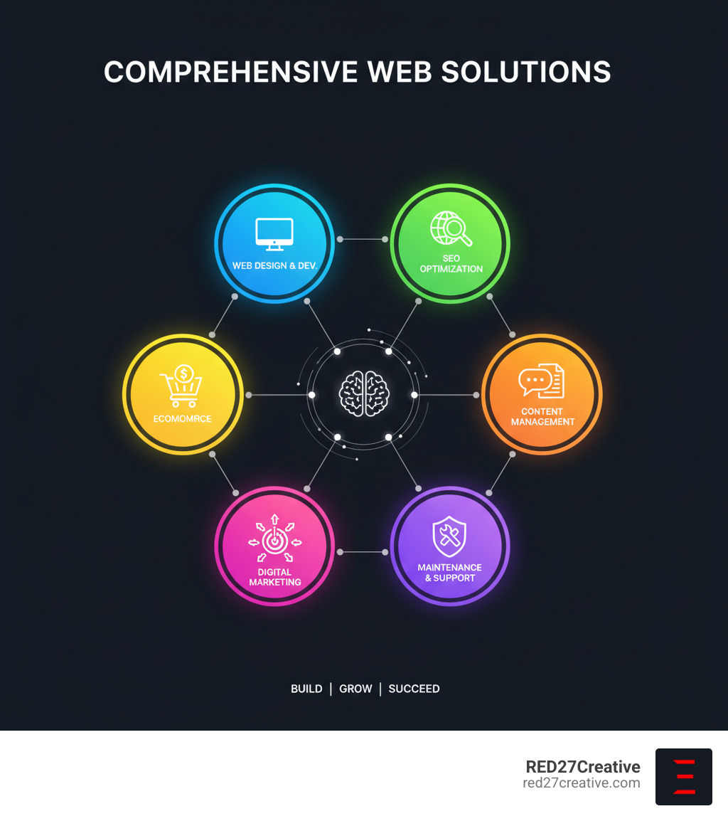 Comprehensive website agency services including web design, development, SEO, content management, ecommerce solutions, and digital marketing integration - website agency infographic Comprehensive website agency services including web design, development, SEO, content management, ecommerce solutions, and digital marketing integration - website agency infographic