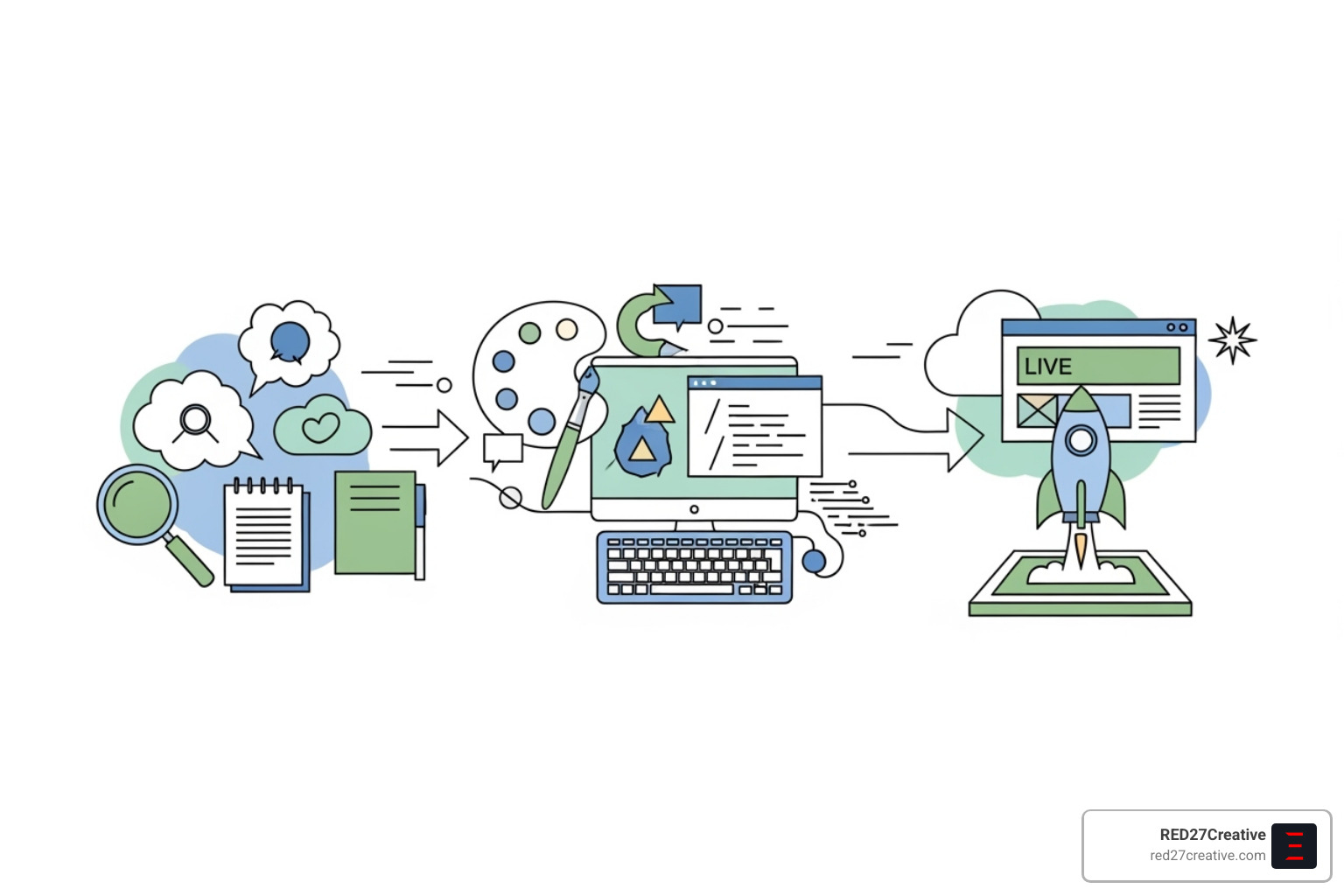 Web design project lifecycle illustrating findy, design, development, and launch phases - website agency Web design project lifecycle illustrating findy, design, development, and launch phases - website agency