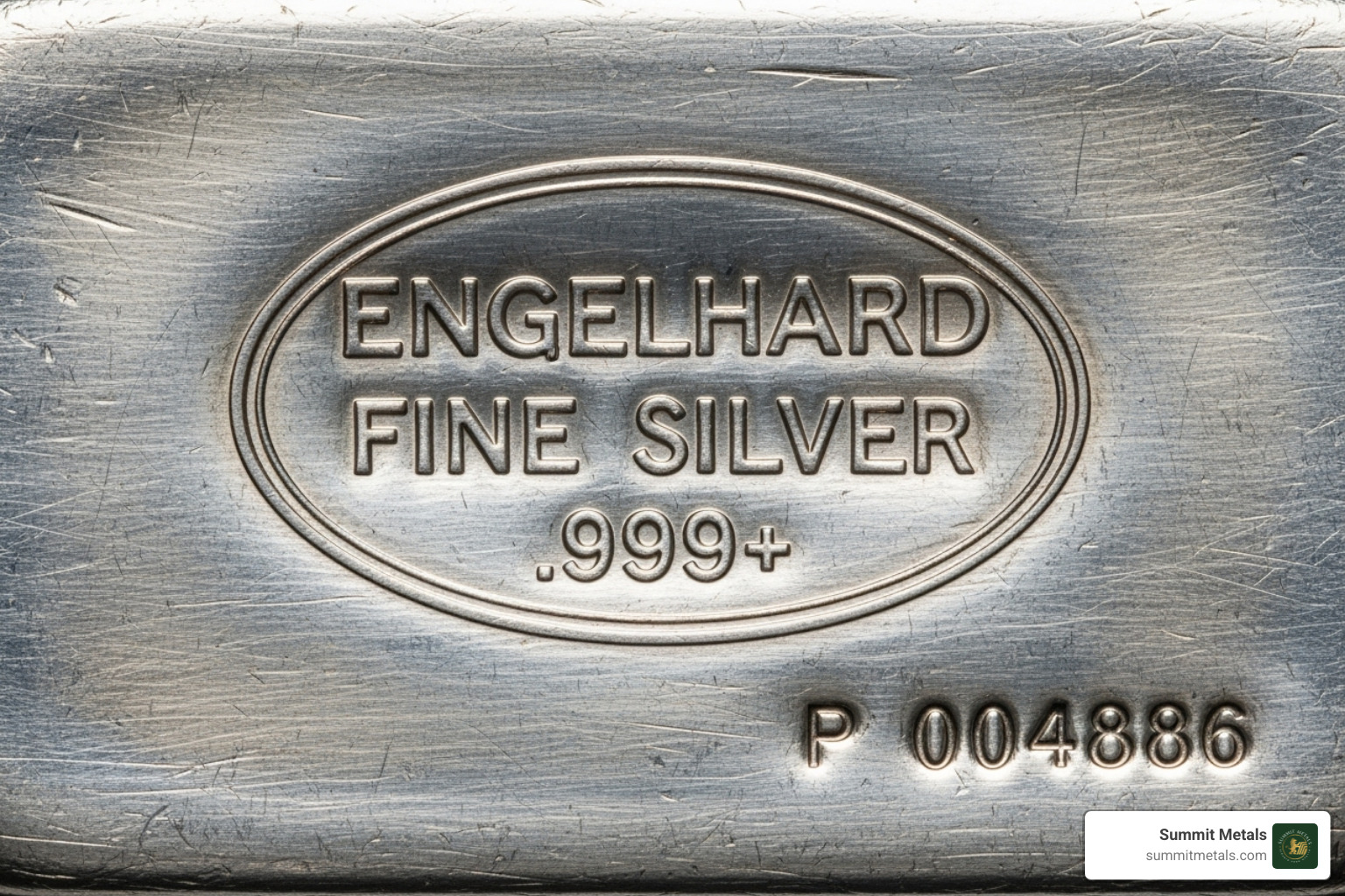 Image showing a close-up of an Engelhard hallmark, serial number, and purity stamp - Engelhard silver bars