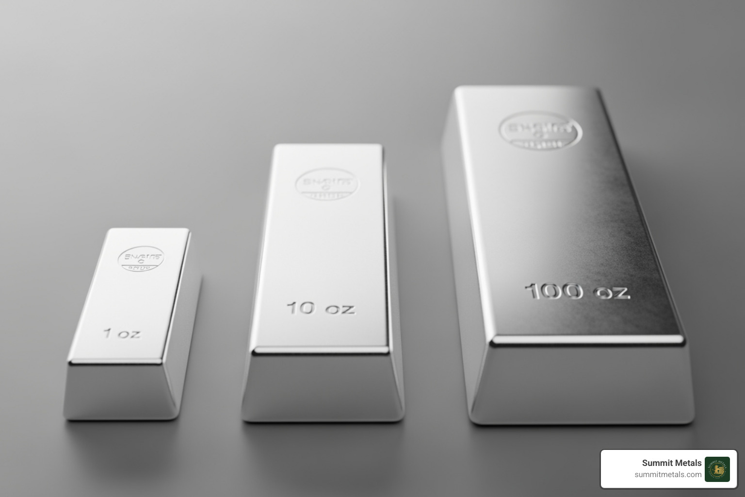 Image of a 1 oz, 10 oz, and 100 oz Engelhard bar side-by-side for scale - Engelhard silver bars