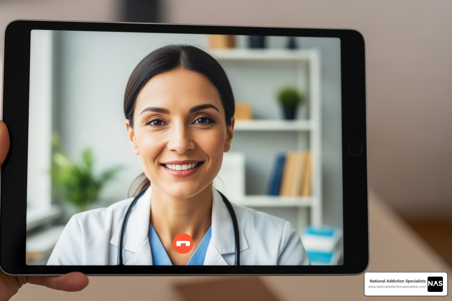 Compassionate doctor on a tablet screen during a video call with a patient - Online Suboxone treatment