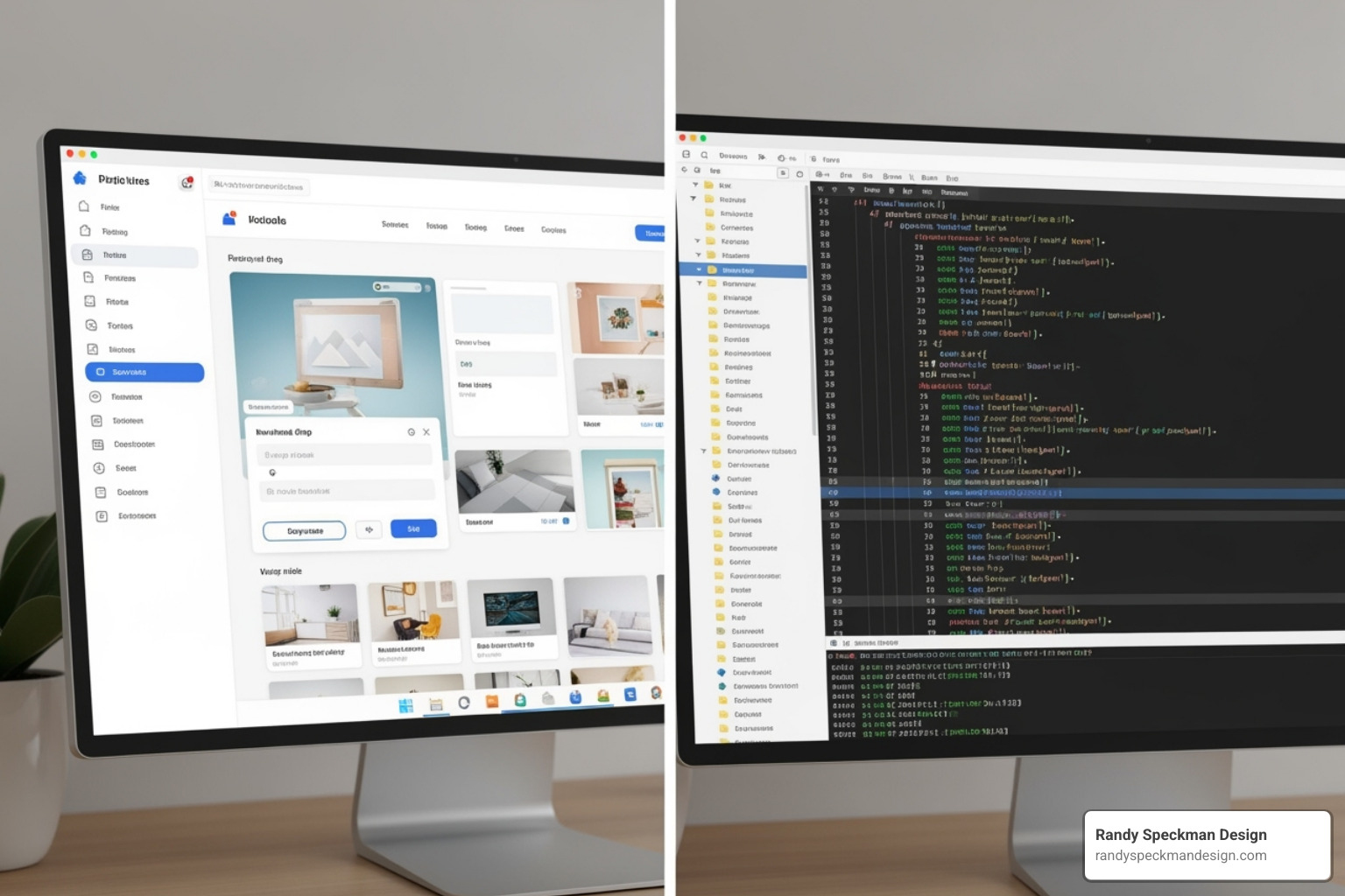 Split screen showing a simple, clean interface on one side (hosted) and a complex code editor on the other (open-source) - seo friendly ecommerce platform