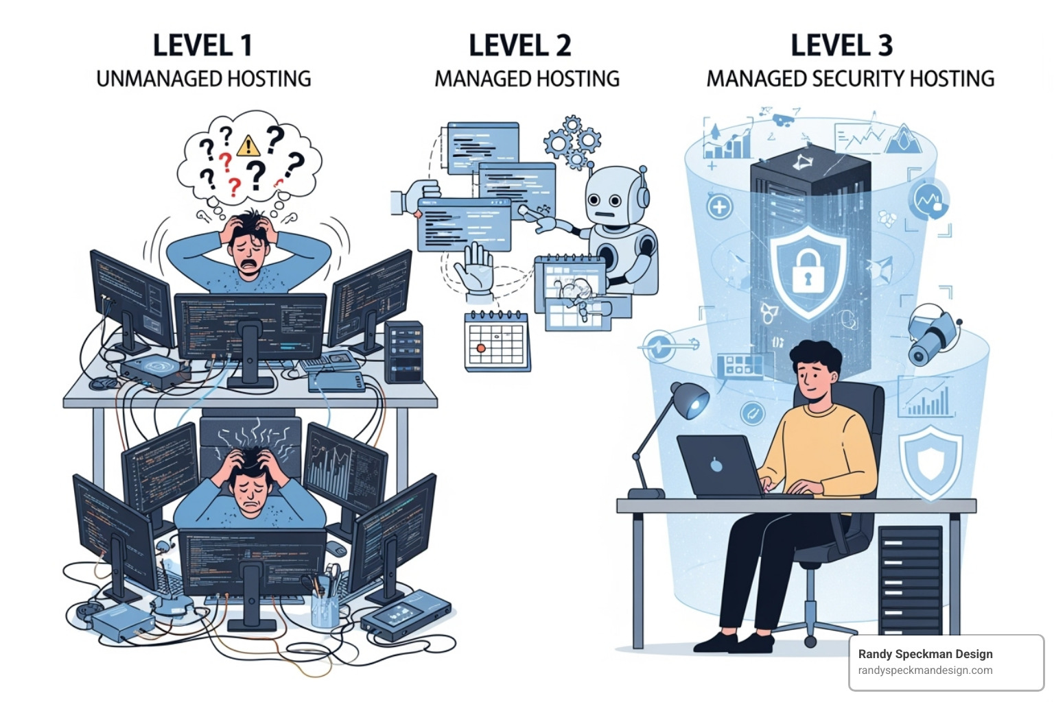 Diagram showing the distinctions between unmanaged, managed, and managed security hosting services - Managed security hosting