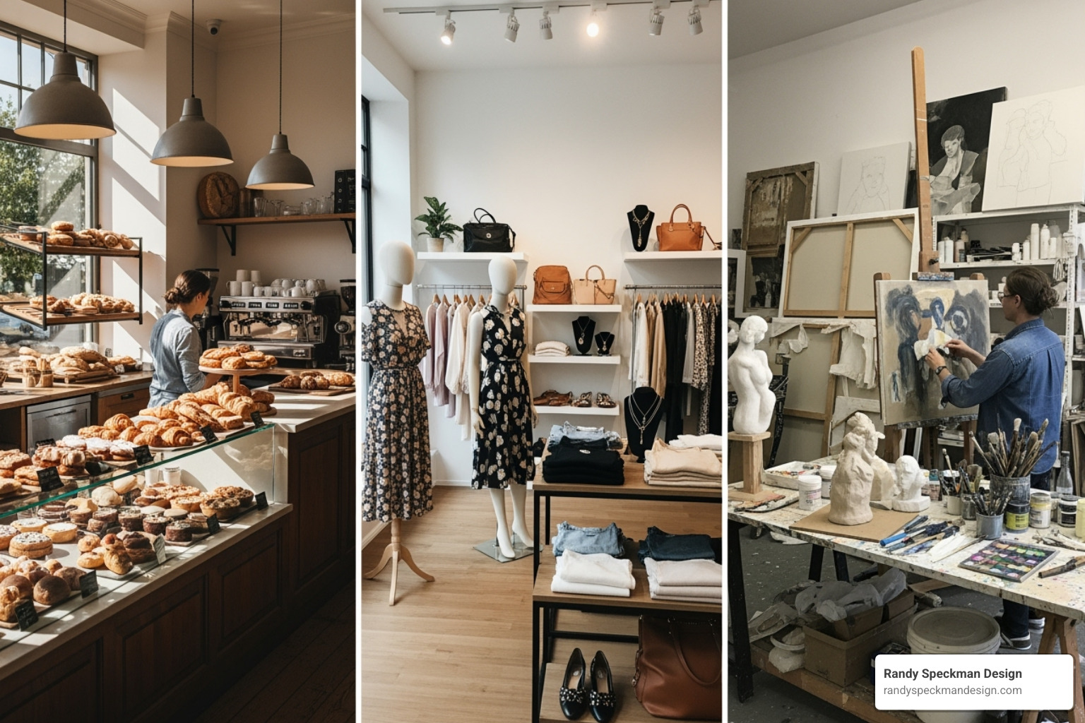 collage of different small business types like a bakery, a clothing boutique, and an artist's workshop - best online storefront for small business