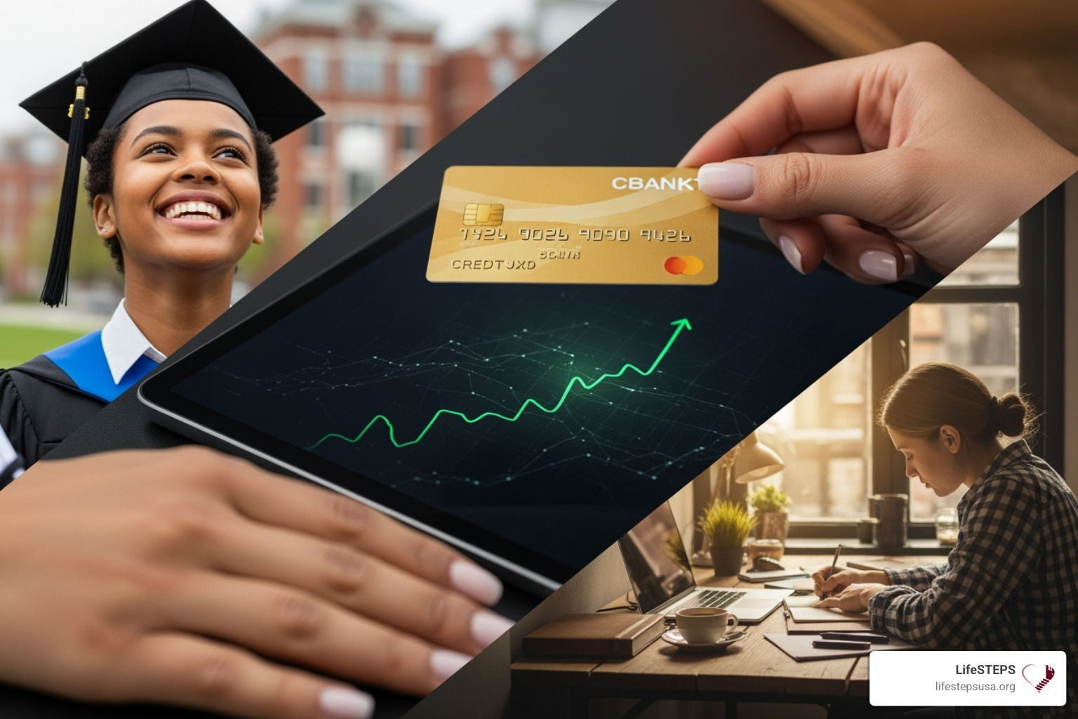 collage showing diverse outcomes: a person in a graduation cap, someone improving their credit score, and another person starting a small business. - how to apply for family self sufficiency program