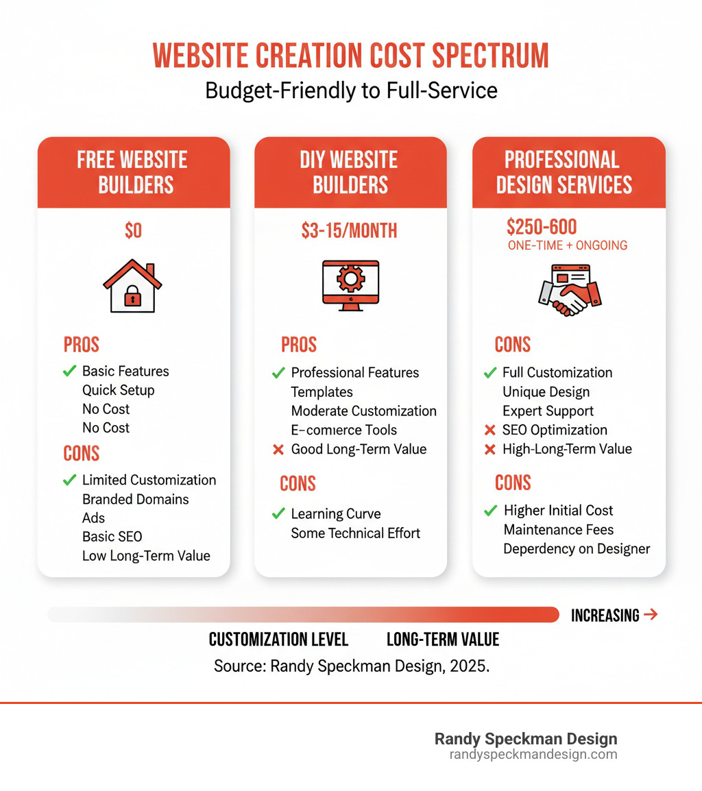 Comprehensive infographic showing the cost spectrum of website creation from free website builders at $0 with basic features and limitations, to DIY website builders at $3-15 monthly with professional features, to professional web design services at $250-600 one-time plus ongoing costs, displaying pros and cons for each option including customization levels, technical requirements, and long-term value - budget friendly website infographic Comprehensive infographic showing the cost spectrum of website creation from free website builders at $0 with basic features and limitations, to DIY website builders at $3-15 monthly with professional features, to professional web design services at $250-600 one-time plus ongoing costs, displaying pros and cons for each option including customization levels, technical requirements, and long-term value - budget friendly website infographic
