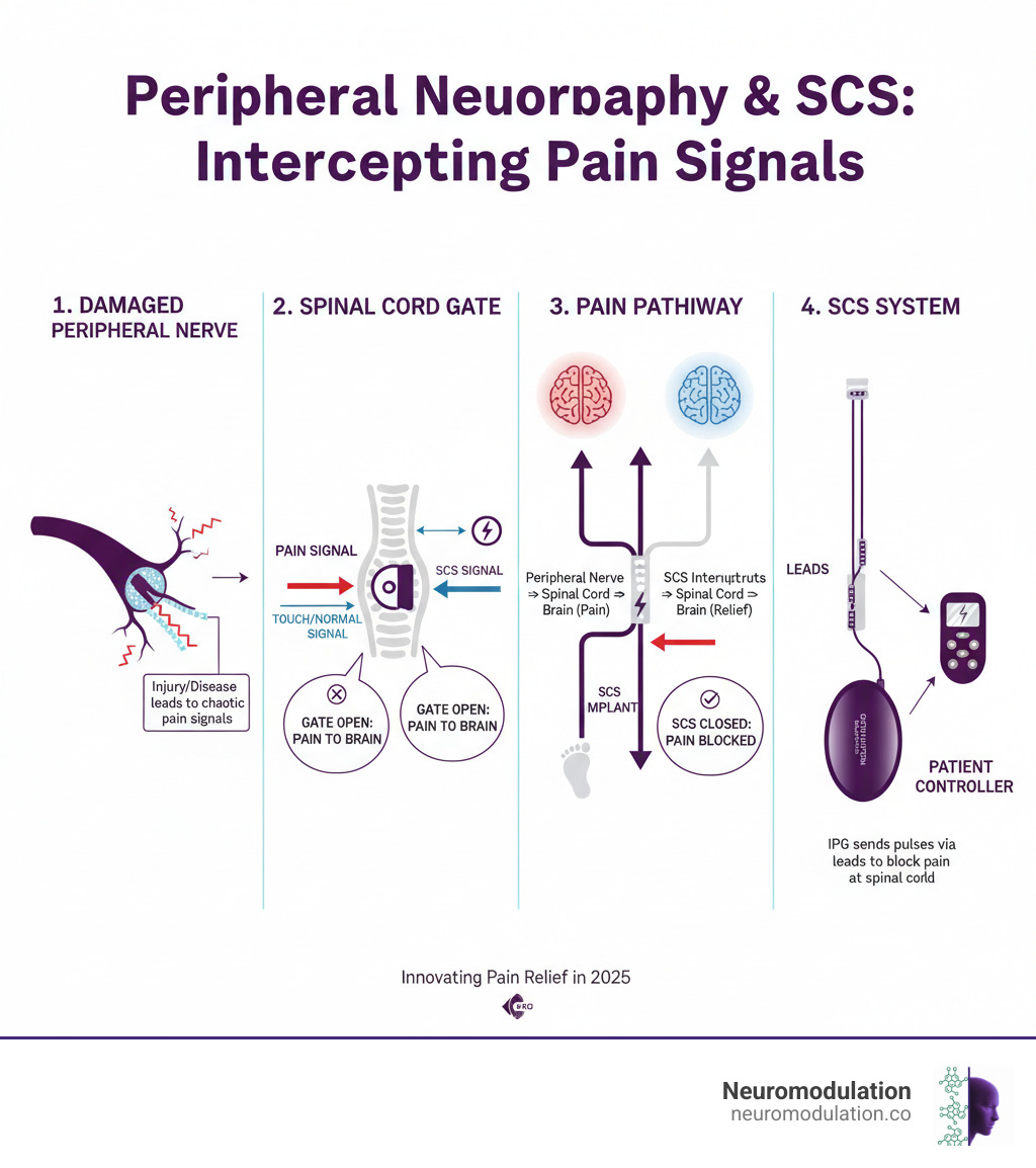Comprehensive infographic showing the pathway from peripheral nerve damage through pain signal transmission to the spinal cord and brain, illustrating how SCS intercepts these signals. Includes detailed anatomy of damaged peripheral nerves, the gate control mechanism at the spinal cord level, normal vs interrupted pain pathways, and the complete SCS system with implantable pulse generator, leads, and patient controller - SCS for peripheral neuropathy infographic Comprehensive infographic showing the pathway from peripheral nerve damage through pain signal transmission to the spinal cord and brain, illustrating how SCS intercepts these signals. Includes detailed anatomy of damaged peripheral nerves, the gate control mechanism at the spinal cord level, normal vs interrupted pain pathways, and the complete SCS system with implantable pulse generator, leads, and patient controller - SCS for peripheral neuropathy infographic