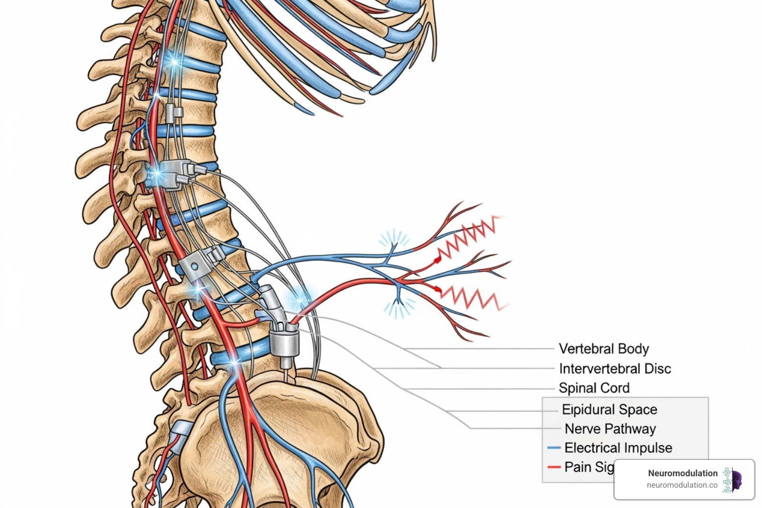 Detailed illustration showing the human spinal column with SCS leads precisely placed in the epidural space, highlighting how the electrical impulses target specific nerve pathways to interrupt pain signals originating from the lower extremities affected by peripheral neuropathy. - SCS for peripheral neuropathy Detailed illustration showing the human spinal column with SCS leads precisely placed in the epidural space, highlighting how the electrical impulses target specific nerve pathways to interrupt pain signals originating from the lower extremities affected by peripheral neuropathy. - SCS for peripheral neuropathy
