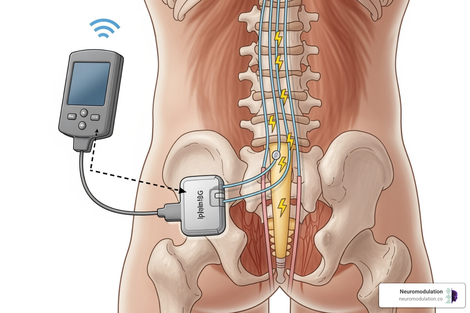 Detailed diagram of a spinal cord stimulator system, showing the external programmer, the implanted pulse generator (IPG) typically placed in the abdomen or buttocks, and the leads (thin wires) threaded into the epidural space along the spinal cord, illustrating the pathway of electrical impulses. - SCS for peripheral neuropathy Detailed diagram of a spinal cord stimulator system, showing the external programmer, the implanted pulse generator (IPG) typically placed in the abdomen or buttocks, and the leads (thin wires) threaded into the epidural space along the spinal cord, illustrating the pathway of electrical impulses. - SCS for peripheral neuropathy
