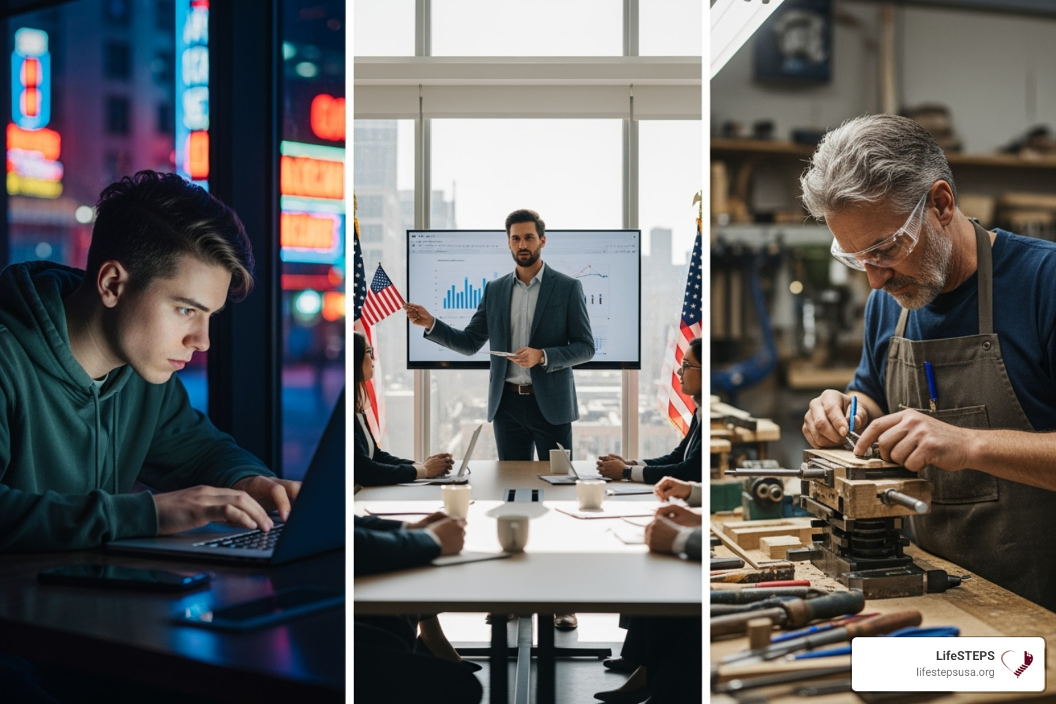 three different individuals (e.g., a young person at a computer, a mid-career professional in a meeting, a veteran in a workshop) looking determined - career development planning examples