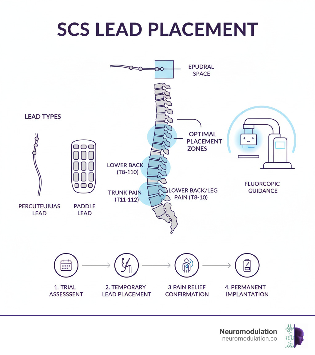 Comprehensive SCS lead placement infographic showing spinal anatomy, electrode positioning in epidural space, different lead types (percutaneous vs paddle), optimal placement zones, fluoroscopic guidance system, and step-by-step procedure flow from trial to permanent implantation - SCS lead placement infographic Comprehensive SCS lead placement infographic showing spinal anatomy, electrode positioning in epidural space, different lead types (percutaneous vs paddle), optimal placement zones, fluoroscopic guidance system, and step-by-step procedure flow from trial to permanent implantation - SCS lead placement infographic