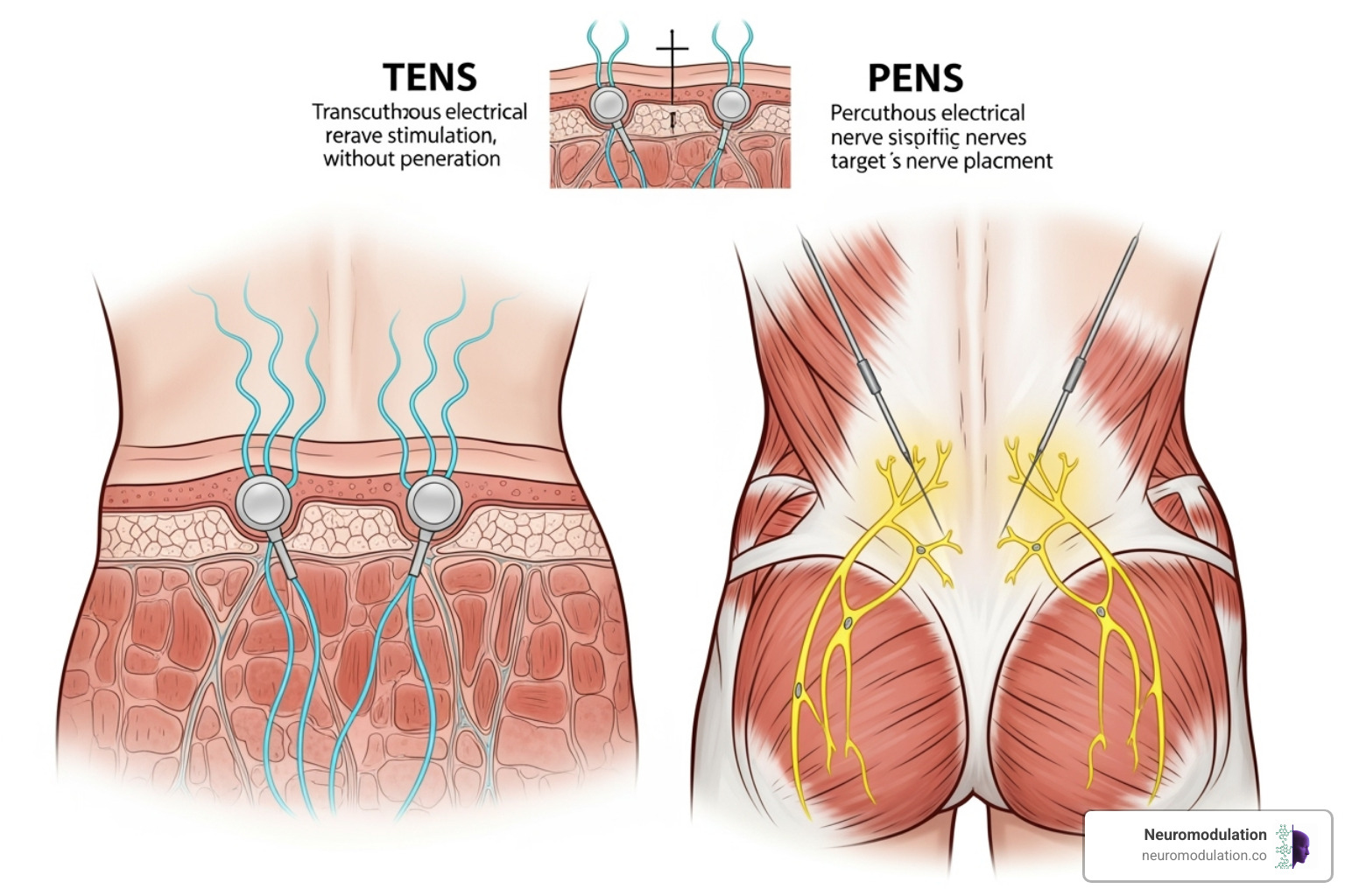 Illustration comparing electrode placement for Transcutaneous Electrical Nerve Stimulation (TENS) on the skin surface versus Percutaneous Electrical Nerve Stimulation (PENS) with needle electrodes penetrating the skin to target specific nerves - chronic pain management devices