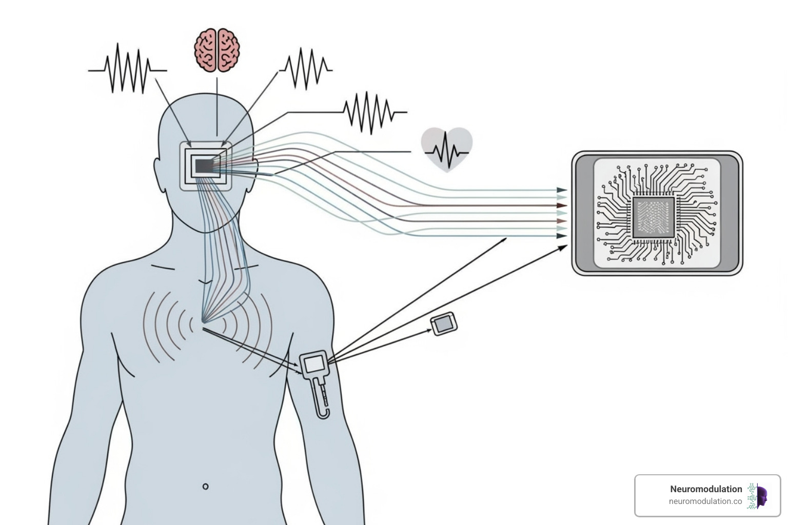 Diagram illustrating a closed-loop feedback system for personalized neuromodulation, showing patient data (e.g., EEG signals, pain levels) inputting into an AI model that then adjusts stimulation parameters in real-time, providing adaptive and optimized pain relief - chronic pain management devices