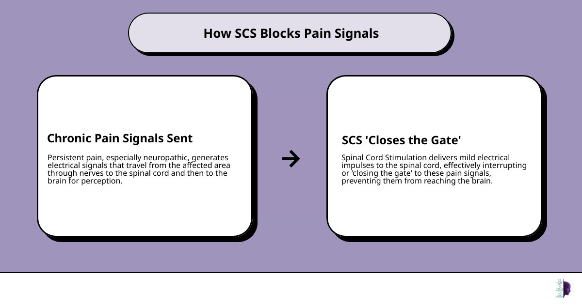 infographic explaining how spinal cord stimulation works to block pain signals from reaching the brain - spinal cord stimulator comparison infographic cause_effect_text infographic explaining how spinal cord stimulation works to block pain signals from reaching the brain - spinal cord stimulator comparison infographic cause_effect_text