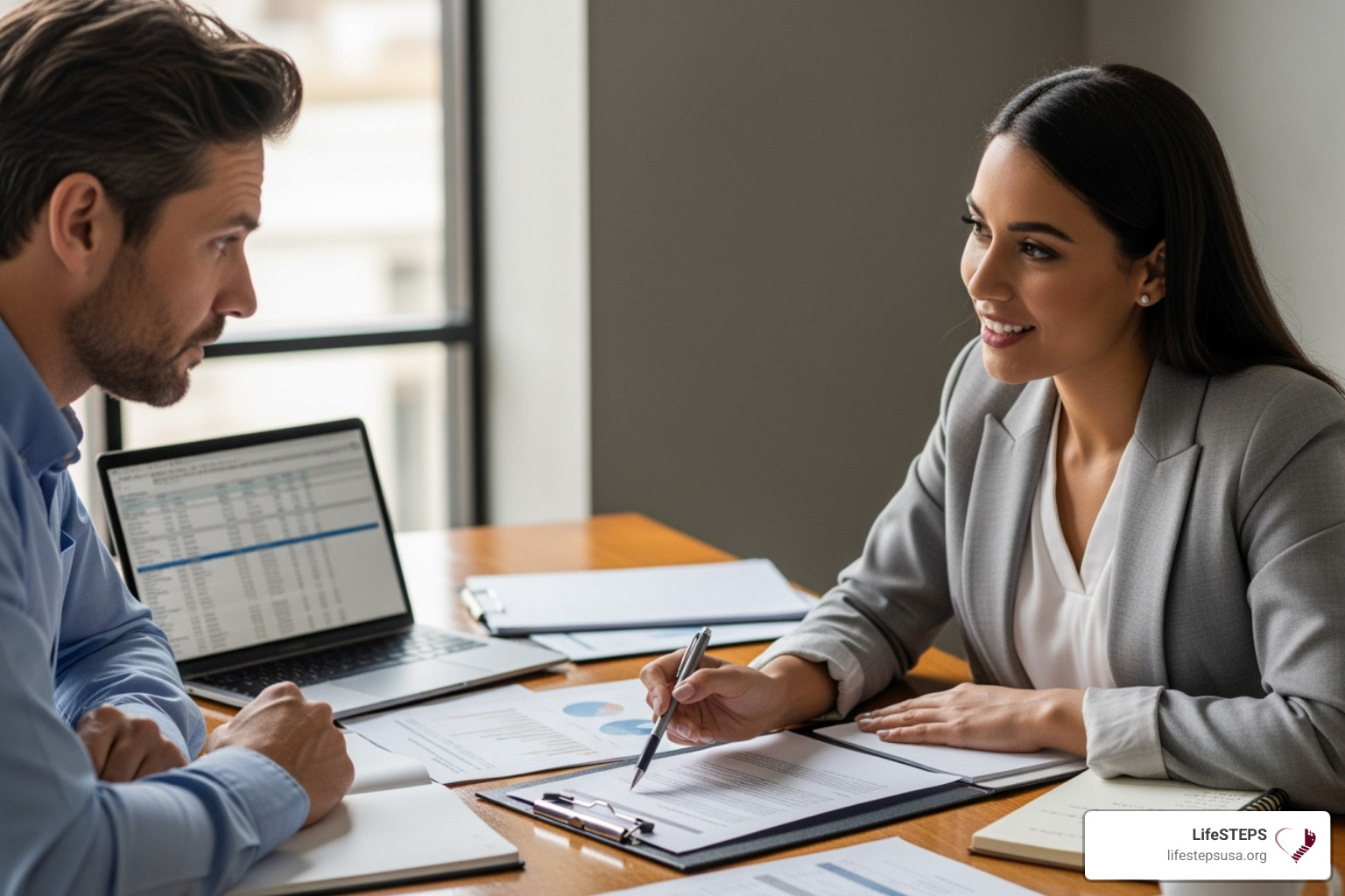 A financial counselor, a friendly and empathetic woman, sits across a table from a client, an individual looking concerned but engaged. They are reviewing documents together, and the counselor is pointing to a section, offering guidance and reassurance. - financial hardship assistance programs