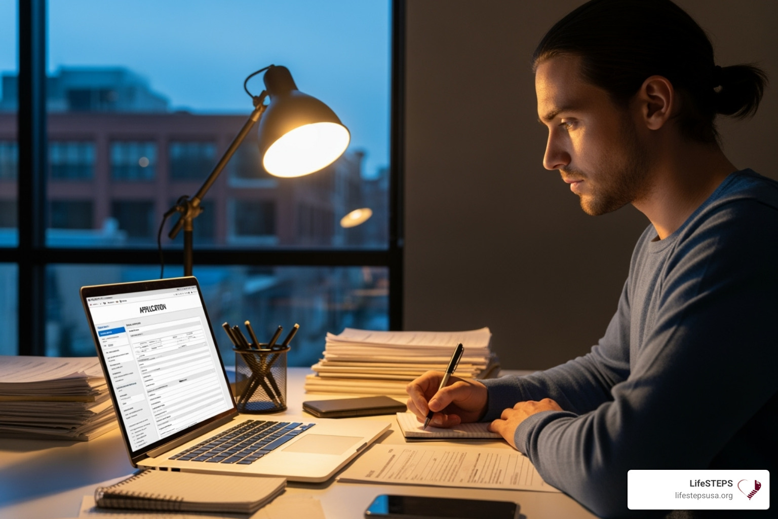 A person sitting at a desk, looking focused and determined, filling out an application form on a laptop, surrounded by neatly organized documents. - financial hardship assistance programs