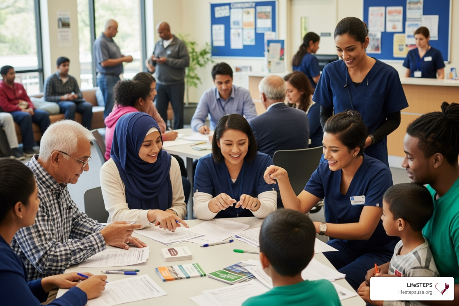 A diverse group of people from different backgrounds and ages receiving support from a community center, with staff assisting them with documents and offering guidance. - financial hardship assistance programs