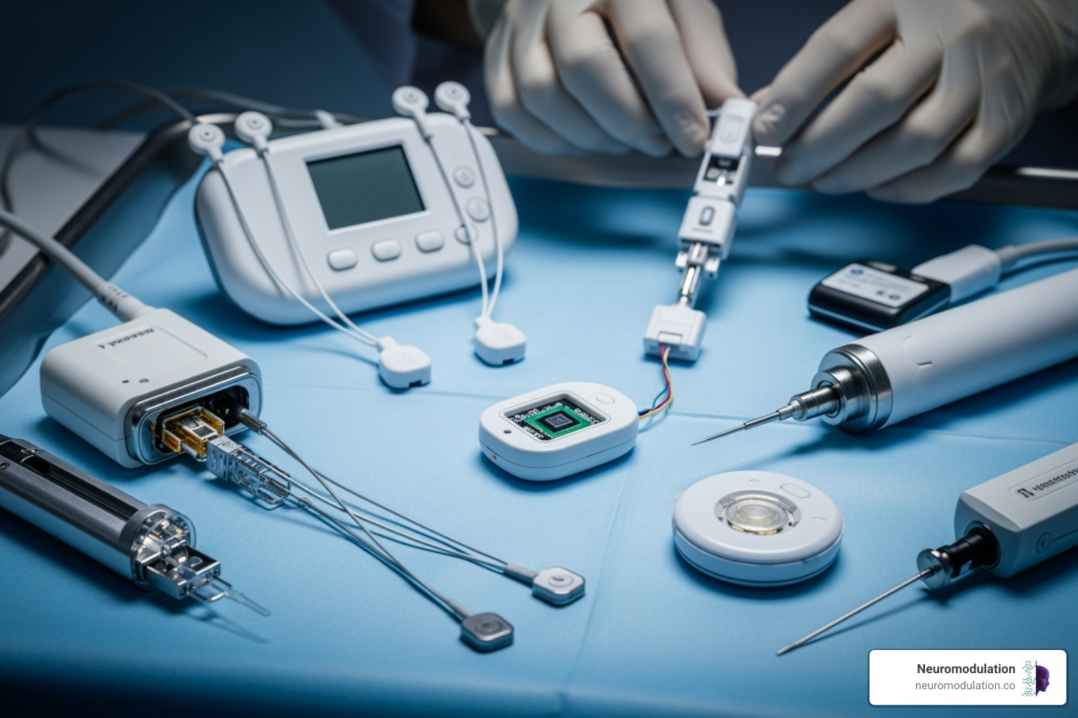 Detailed anatomical illustration showing the placement of a spinal cord stimulator's leads in the epidural space and the implantable pulse generator (IPG) beneath the skin, with arrows indicating electrical signal pathways - chronic pain management devices