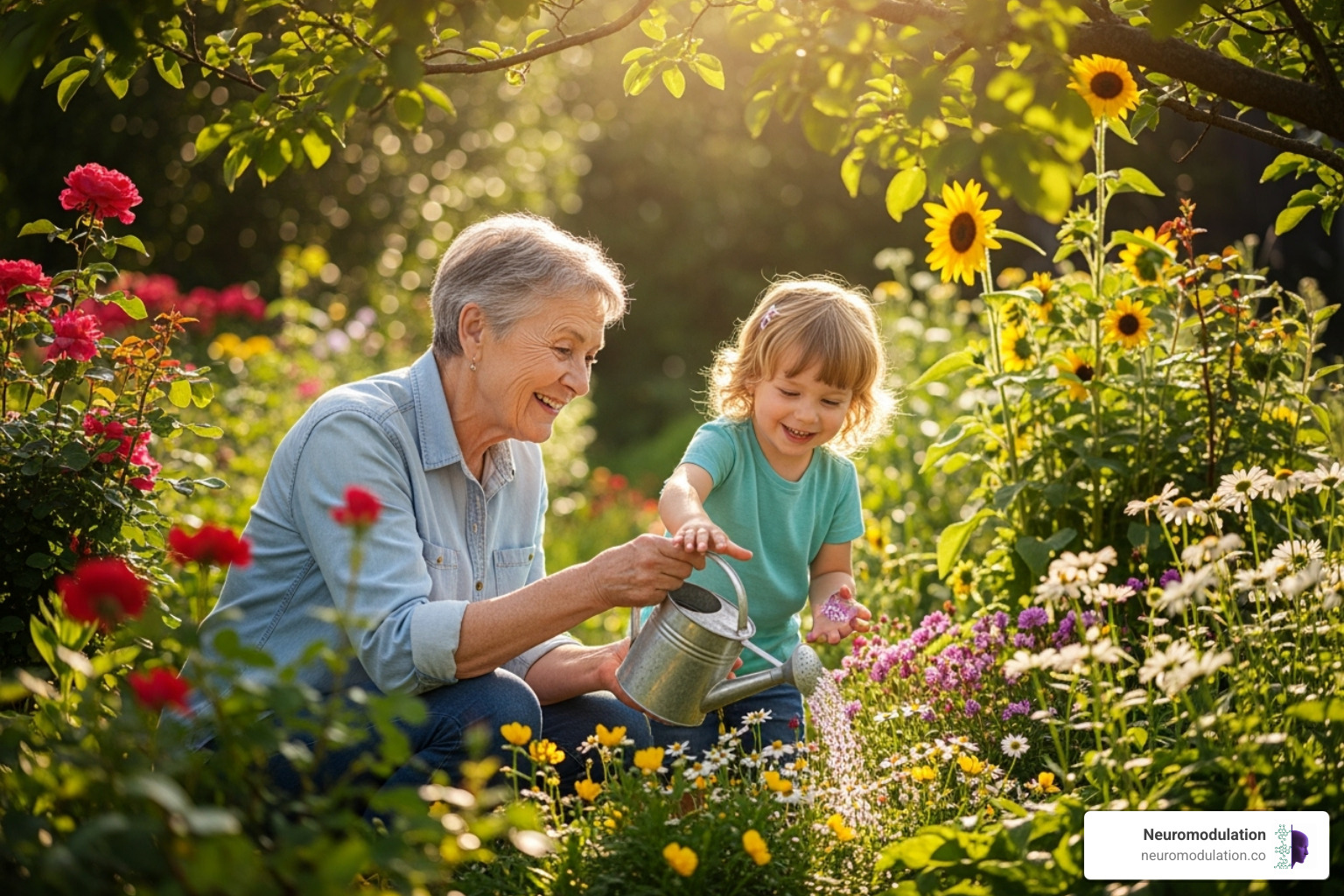 An older adult playing with a grandchild in a garden, smiling - Spinal cord stimulator stories