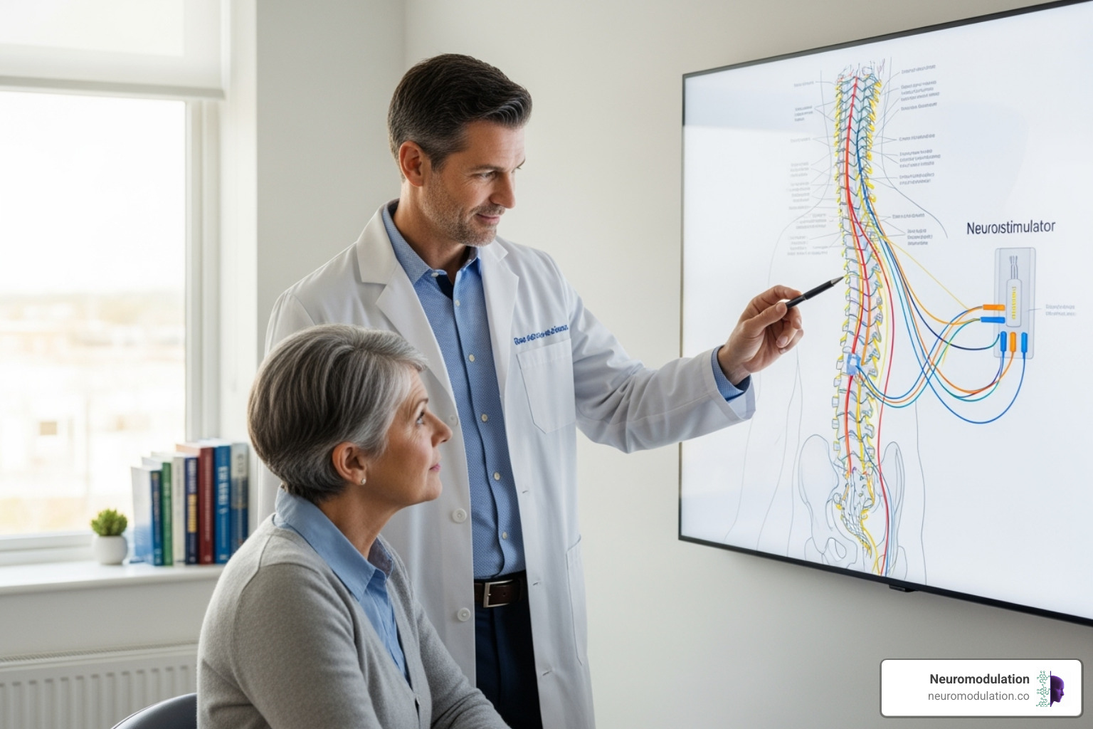 A patient consulting with a doctor about SCS therapy, pointing to a diagram of the spinal cord - Spinal cord stimulator stories