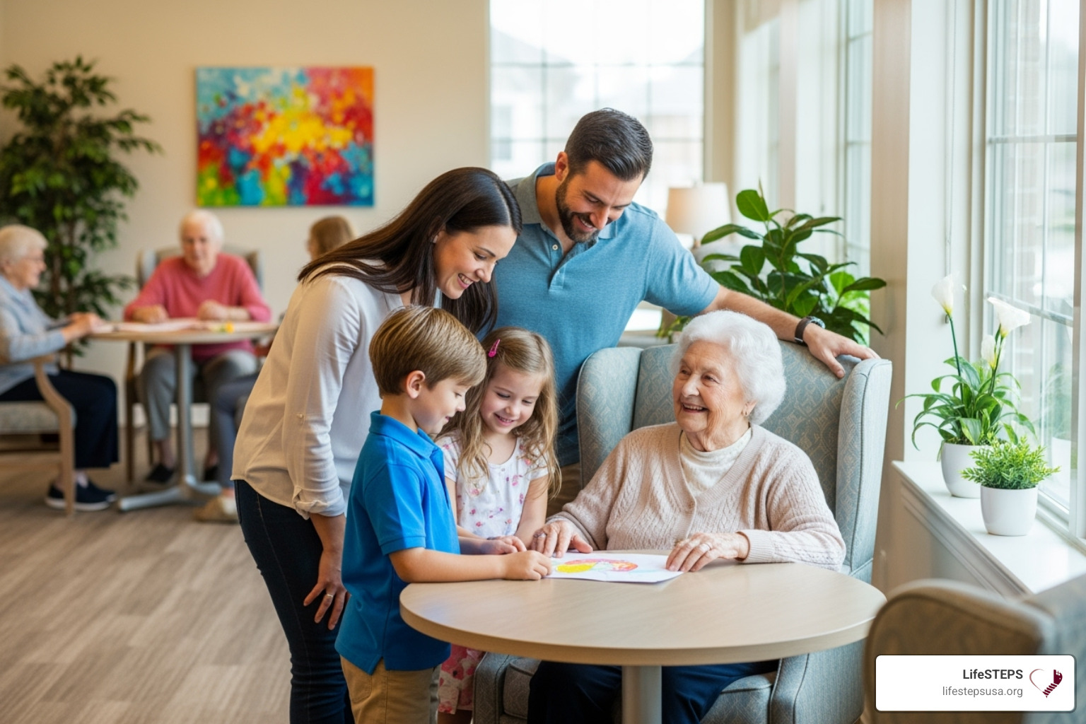 A family happily visiting a senior resident in a bright common area - senior living in thousand oaks ca