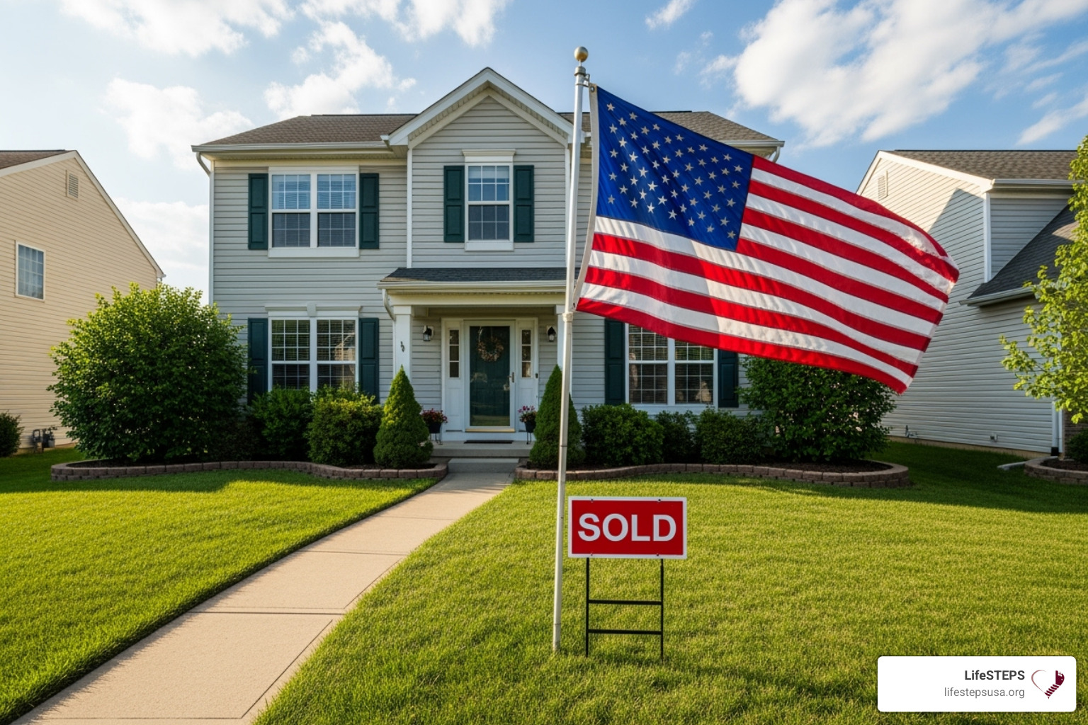 home with a "Sold" sign and an American flag - veterans administration housing assistance