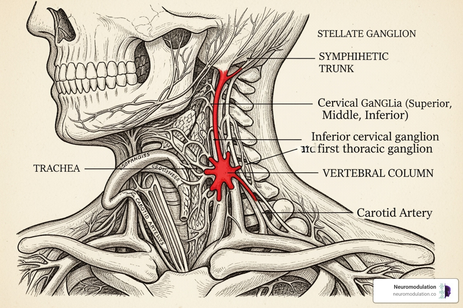 Illustration of the sympathetic nerve chain in the neck and chest, highlighting the location of the stellate ganglion - Stellate ganglion block