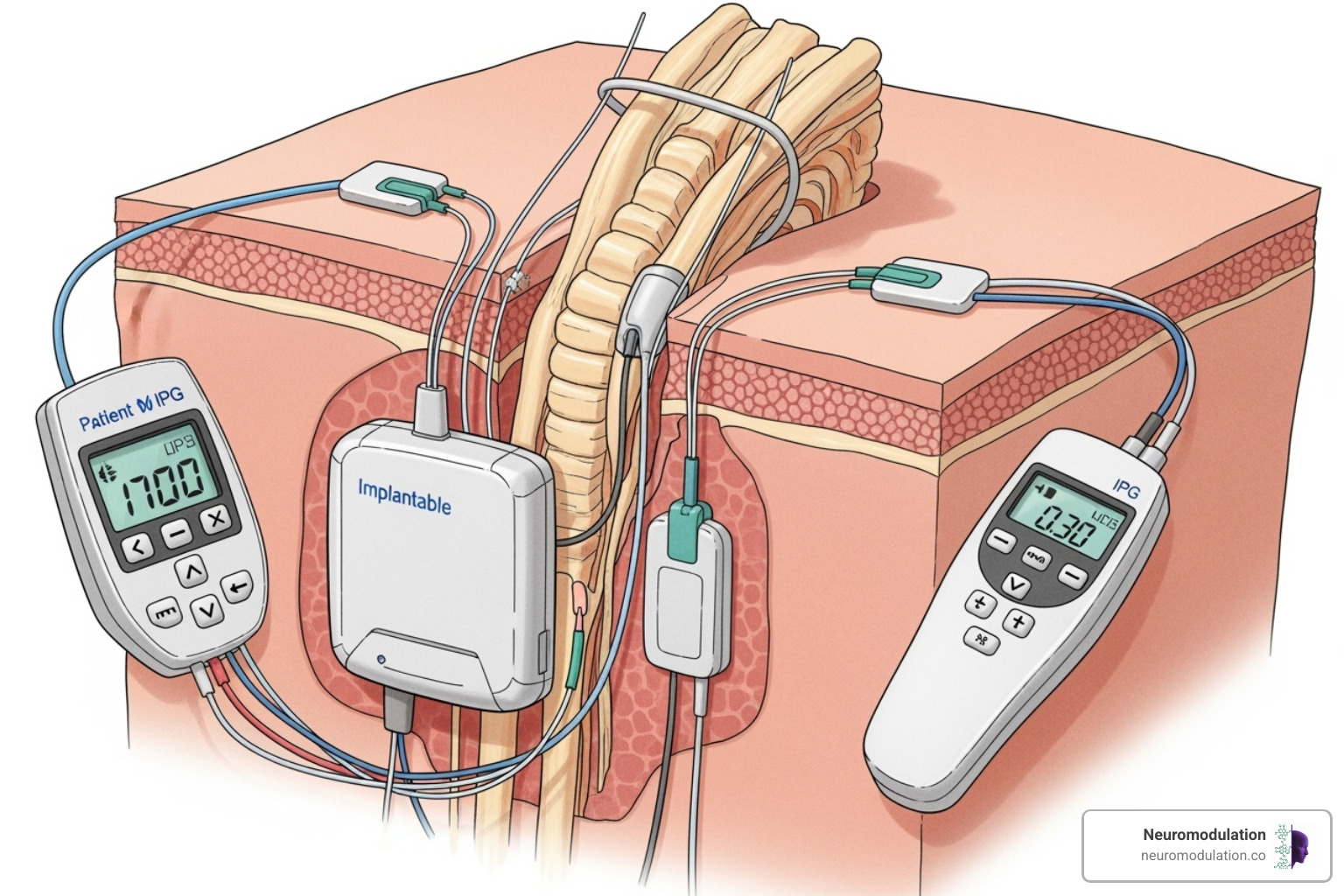 A detailed illustration of the complete SCS system components: implantable pulse generator (IPG), leads/electrodes carefully placed in the epidural space, and a patient remote control for adjusting stimulation settings - SCS pain relief A detailed illustration of the complete SCS system components: implantable pulse generator (IPG), leads/electrodes carefully placed in the epidural space, and a patient remote control for adjusting stimulation settings - SCS pain relief