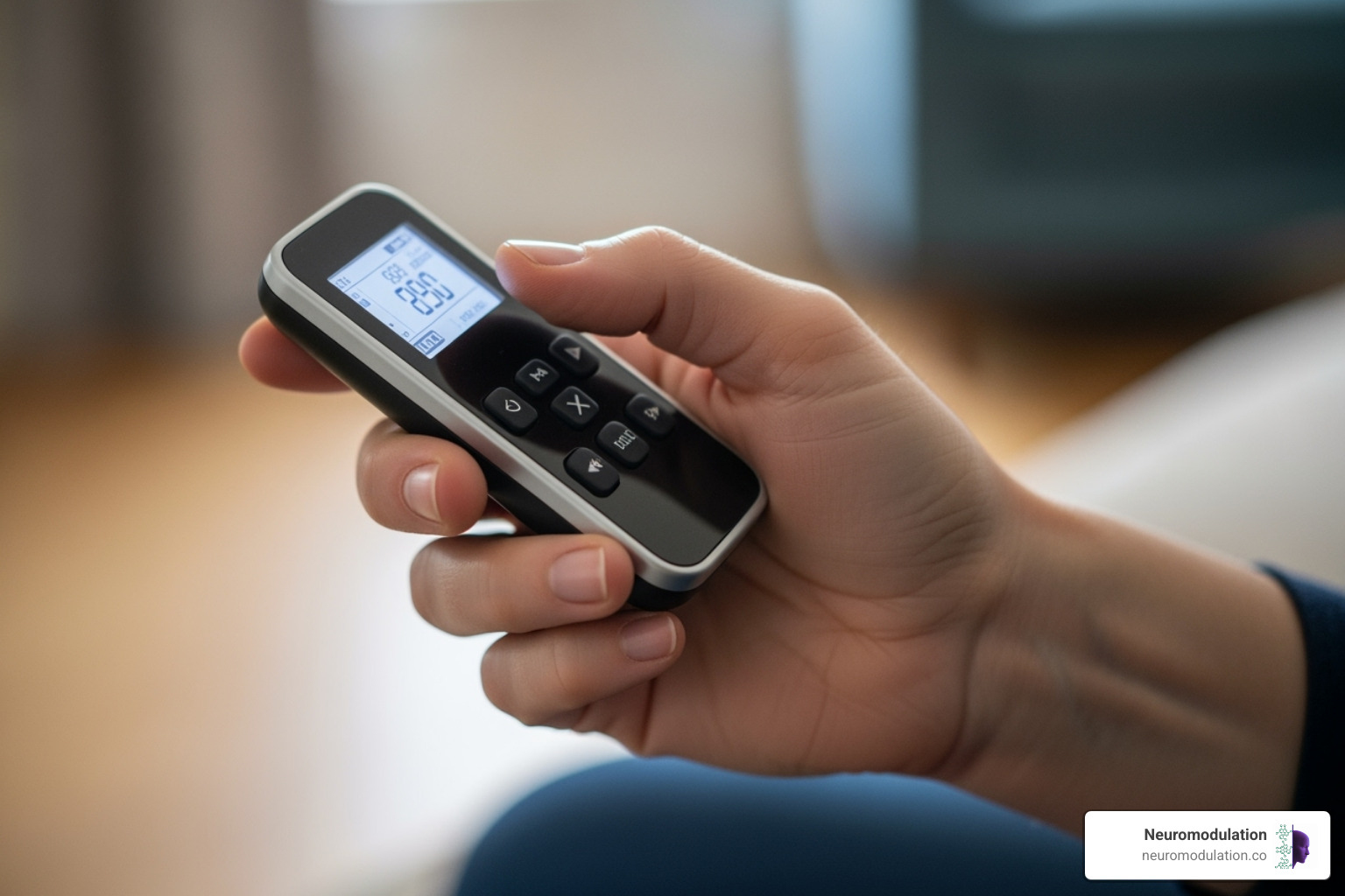 A patient discreetly using their SCS remote control to adjust their stimulation settings, highlighting the personalized and empowering aspect of SCS pain management - SCS pain relief A patient discreetly using their SCS remote control to adjust their stimulation settings, highlighting the personalized and empowering aspect of SCS pain management - SCS pain relief