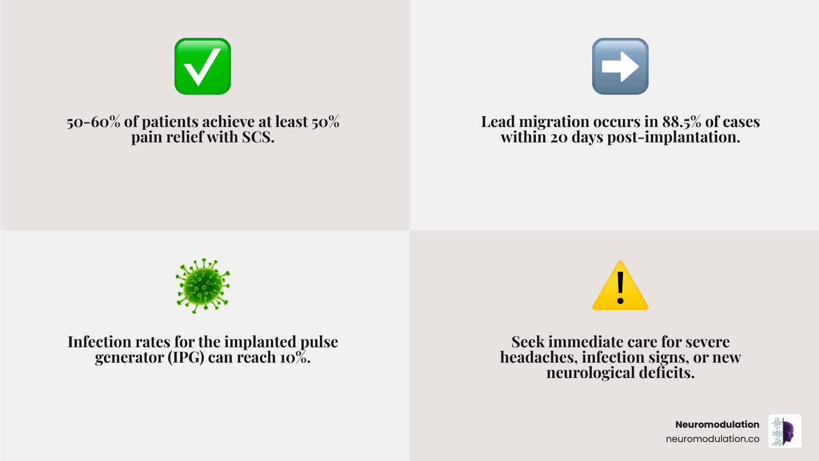 Comprehensive overview of spinal cord stimulation side effects showing surgical risks including infection and bleeding, device complications like lead migration and battery failure, stimulation-related issues such as unpleasant sensations, and long-term considerations including activity restrictions and electromagnetic interference warnings - SCS side effects infographic 4_facts_emoji_grey