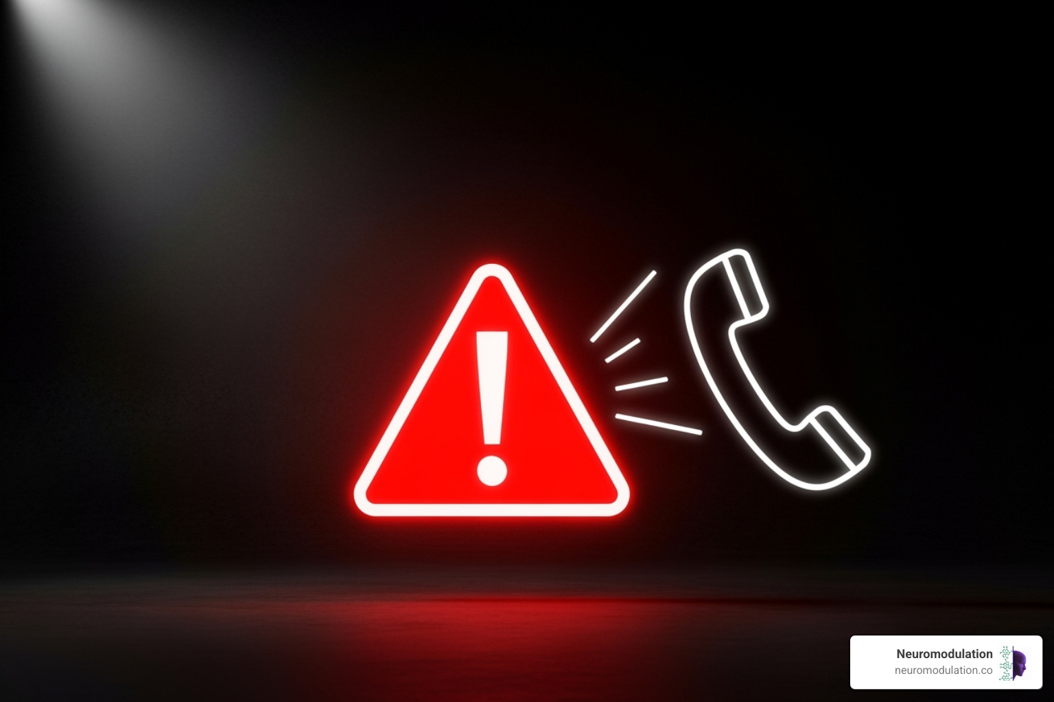 Red alert symbol with medical emergency contacts - SCS side effects