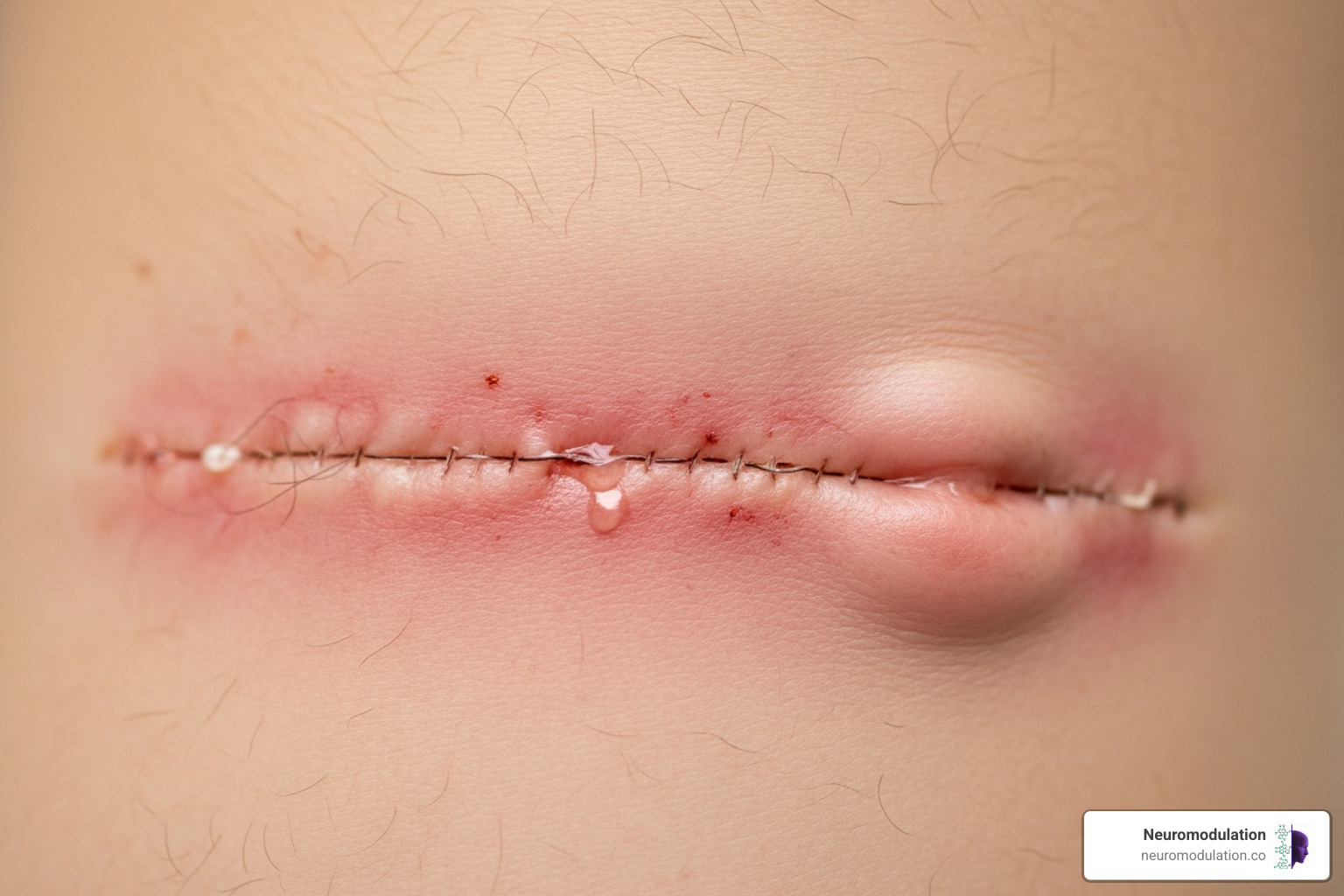 Surgical site for SCS implant showing potential areas of infection or fluid collection - SCS side effects