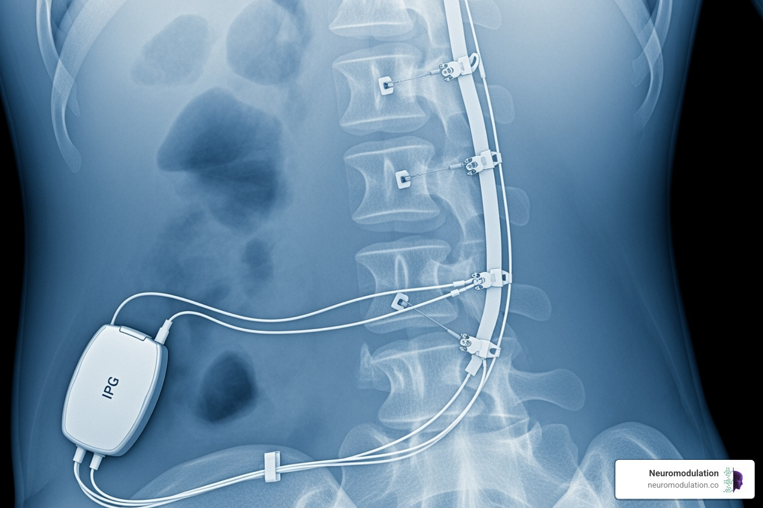 An X-ray showing SCS leads implanted in the spinal column, illustrating proper placement and potential for migration - SCS side effects