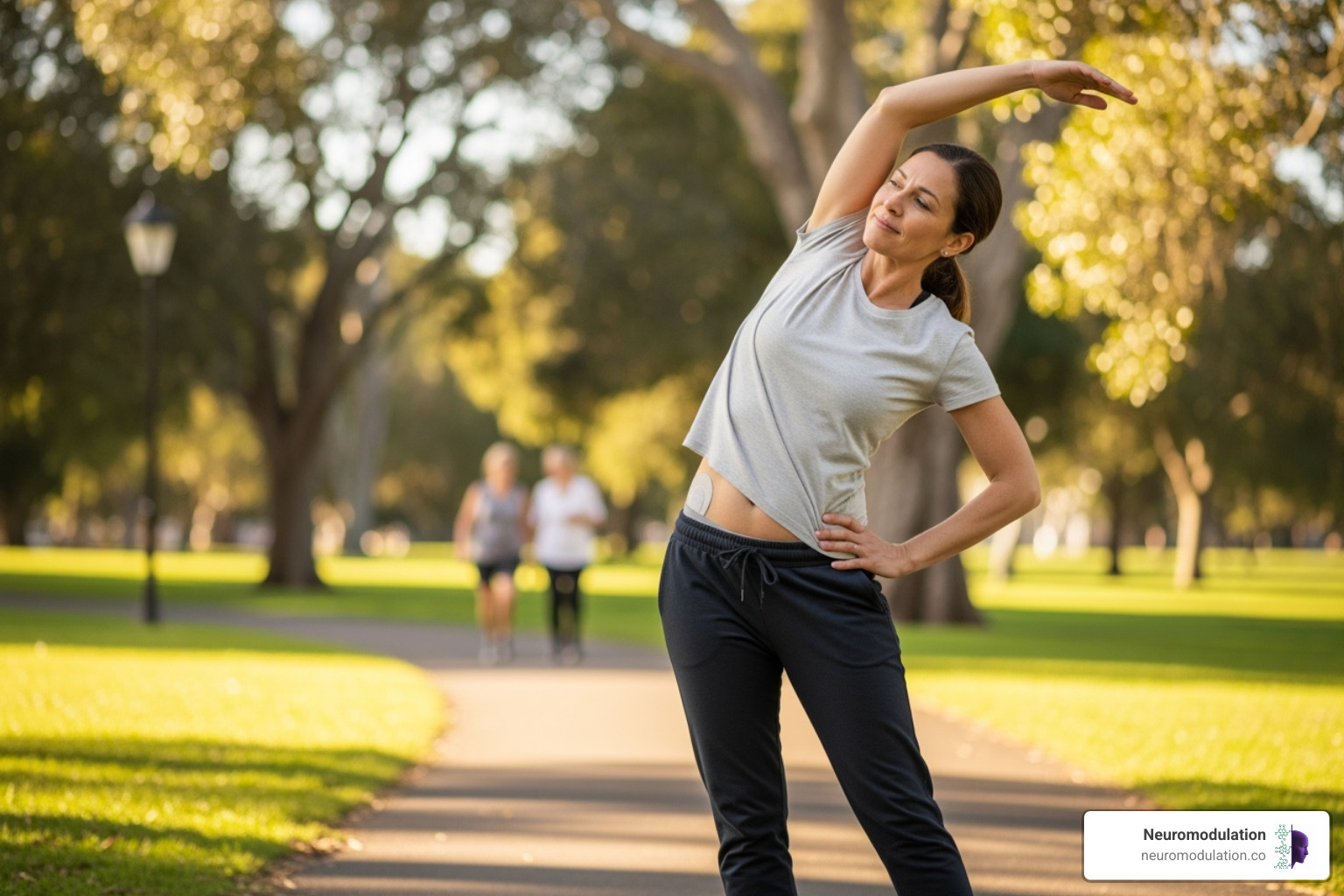 A person with an SCS implant engaging in modified physical activity, highlighting the balance between active life and necessary precautions - SCS side effects