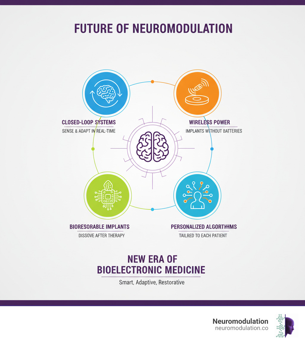 Infographic illustrating the future of neuromodulation, showing advanced closed-loop systems, wireless power, bioresorbable implants, and personalized treatment algorithms, all contributing to a new era of bioelectronic medicine - implantable neuromodulation devices infographic 