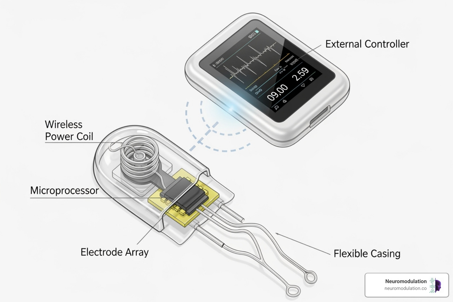 Conceptual diagram of a modern miniaturized wireless implantable neuromodulation device, highlighting its small size, battery-free operation via wireless power transfer, and advanced materials for biocompatibility and flexibility, with an external controller for patient interaction - implantable neuromodulation devices