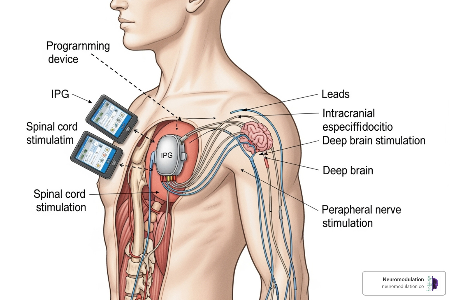 Illustration showing the general components and placement of various implantable neuromodulation devices, including an internal pulse generator, leads targeting specific nerves (spinal cord, deep brain, peripheral nerve), and external programming devices, with arrows indicating the flow of electrical signals and modulation of neural pathways - implantable neuromodulation devices