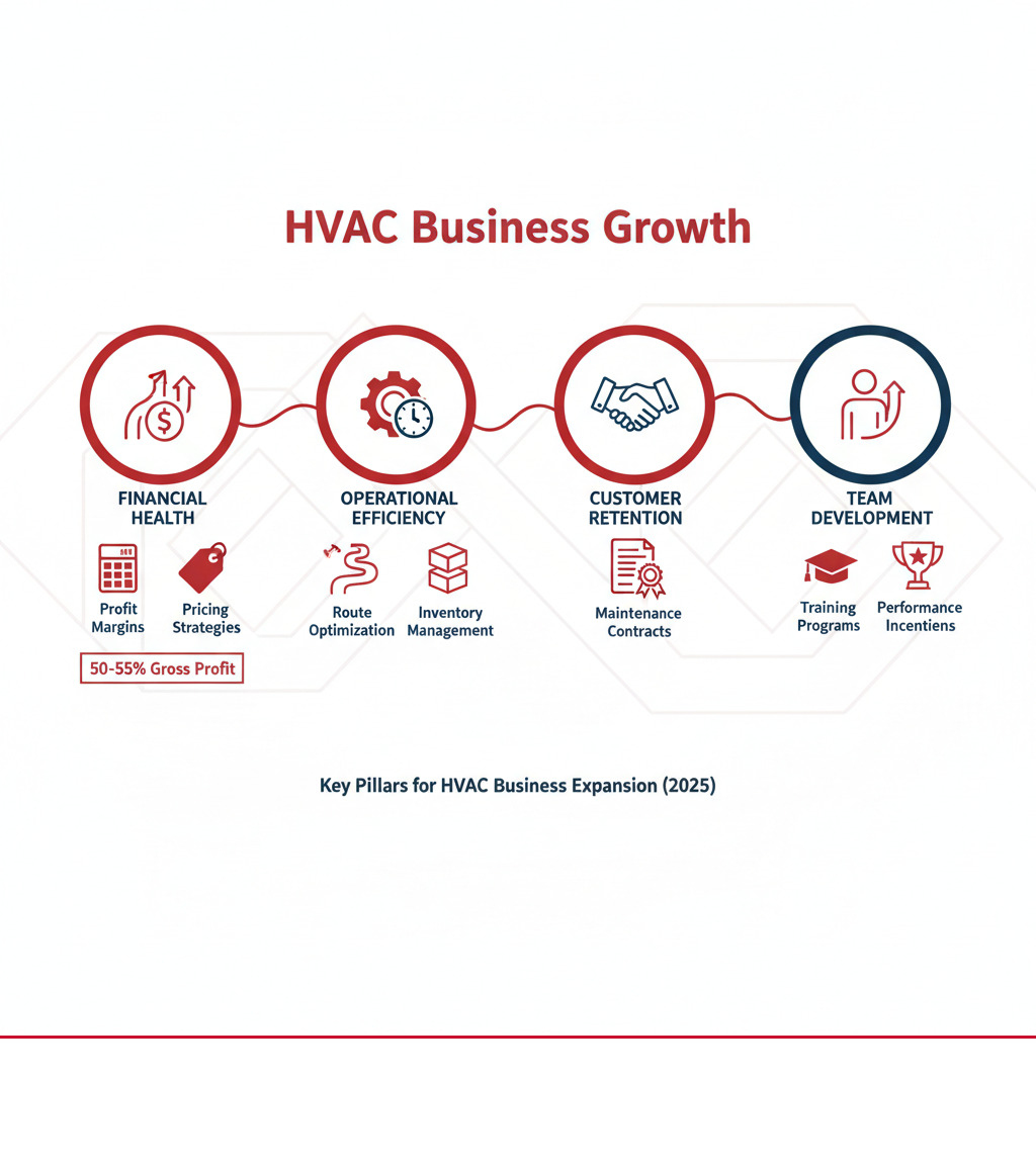 Infographic showing the four key pillars of HVAC business growth: Financial Health with profit margin calculations and pricing strategies, Operational Efficiency with route optimization and inventory management, Customer Retention with maintenance contracts and warranty programs, and Team Development with training programs and performance incentives - Increase HVAC business revenue infographic 