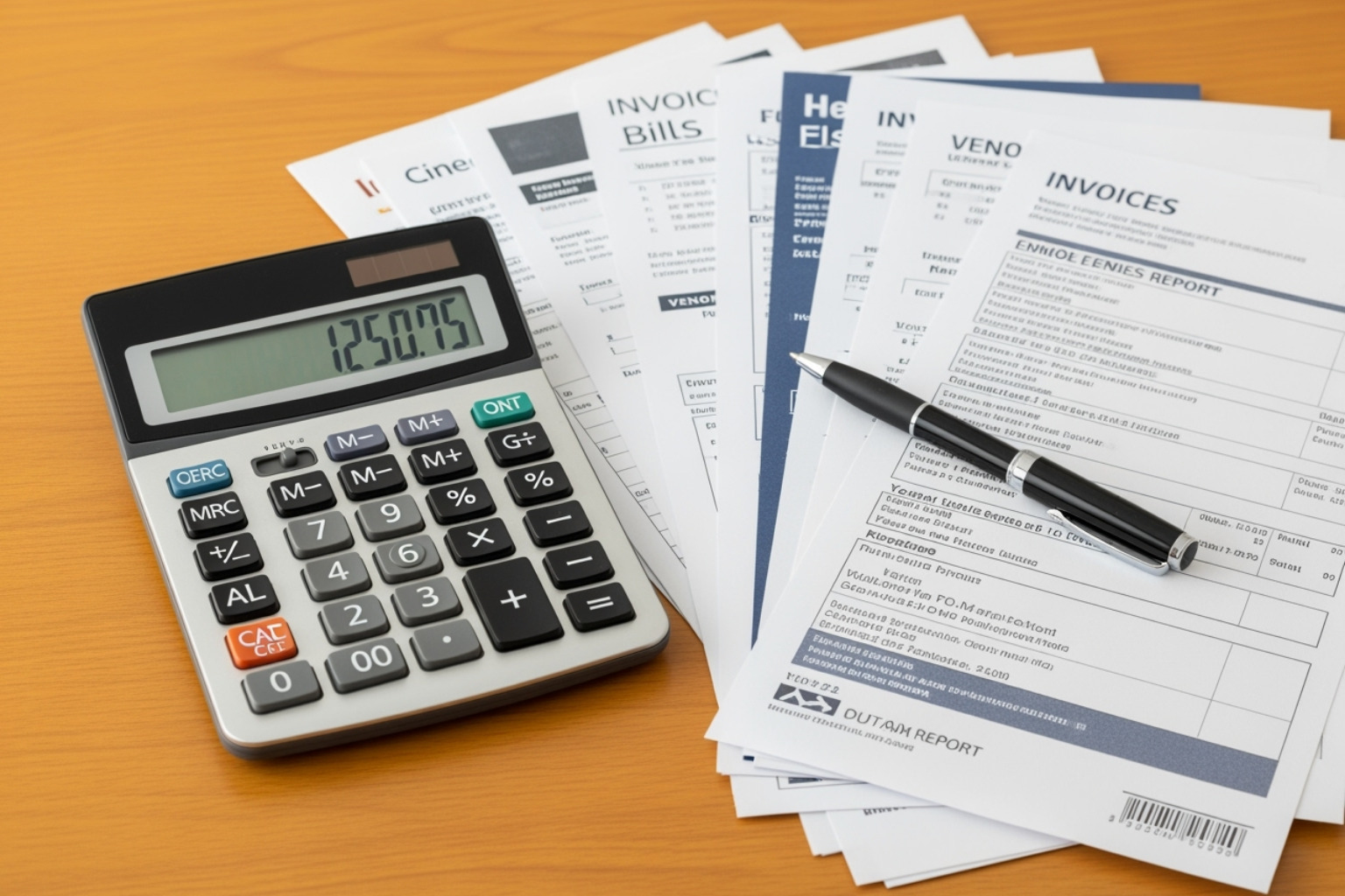 calculator and invoices on a desk - Increase HVAC business revenue