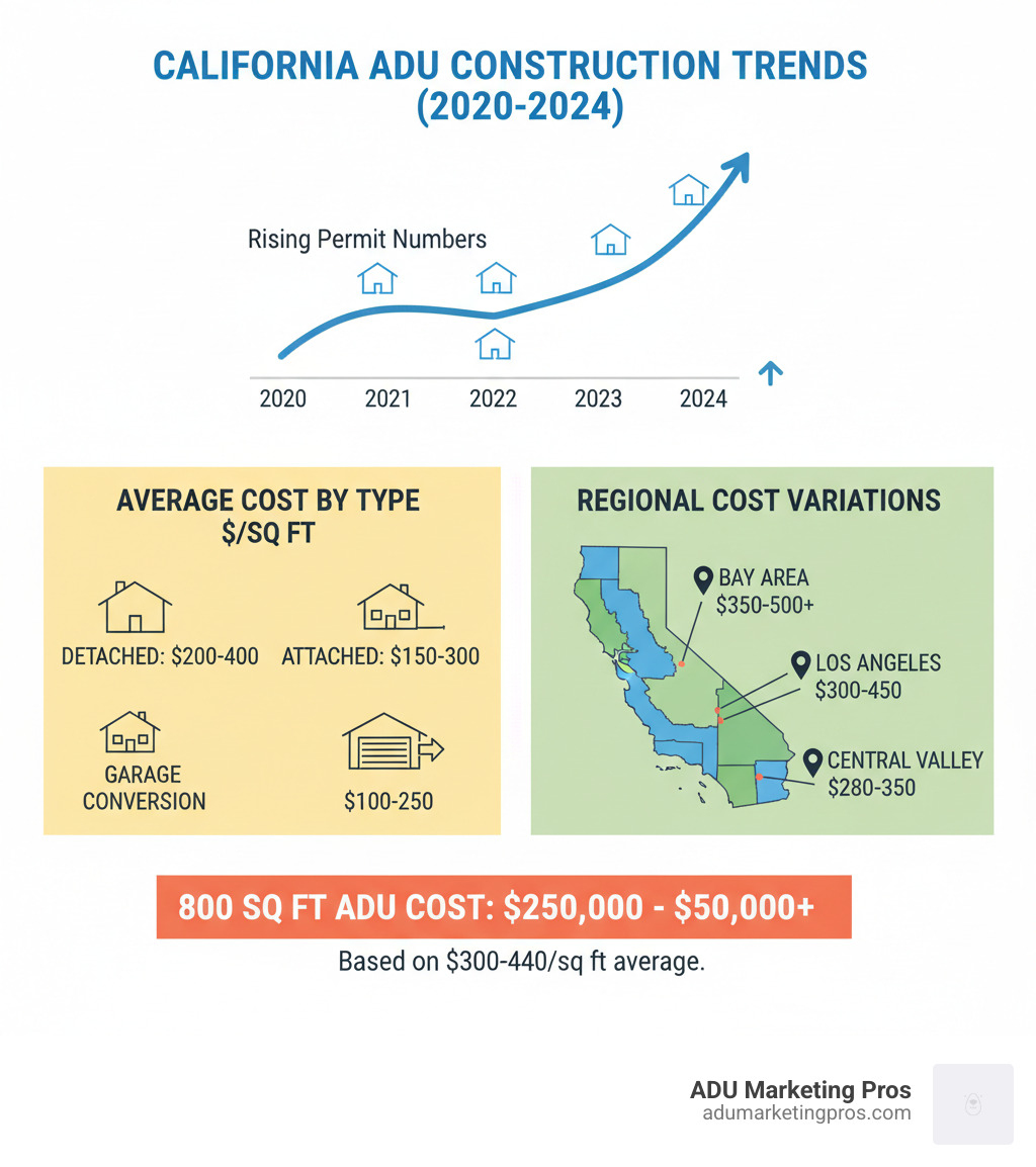 Infographic showing California ADU construction trends from 2020-2024 with rising permit numbers, average cost ranges by type (Detached $200-400/sq ft, Attached $150-300/sq ft, Garage Conversion $100-250/sq ft), and regional cost variations across major California metro areas - 800 sq ft adu cost infographic Infographic showing California ADU construction trends from 2020-2024 with rising permit numbers, average cost ranges by type (Detached $200-400/sq ft, Attached $150-300/sq ft, Garage Conversion $100-250/sq ft), and regional cost variations across major California metro areas - 800 sq ft adu cost infographic