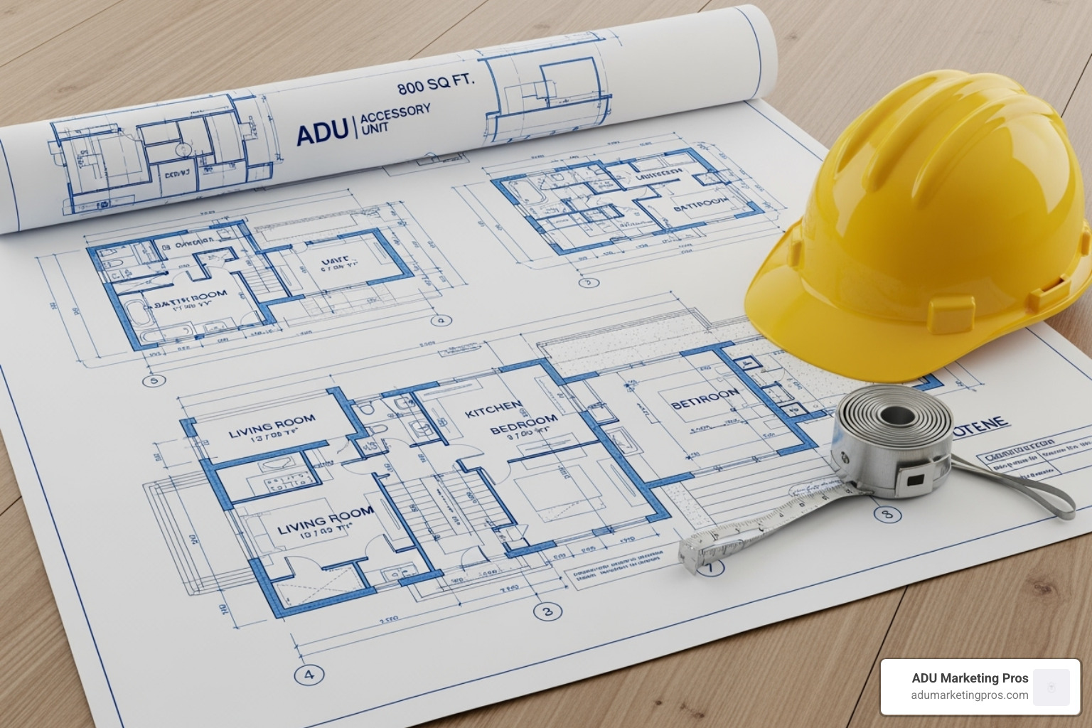 Architectural blueprint for an 800 sq ft ADU next to a hard hat and measuring tape - 800 sq ft adu cost Architectural blueprint for an 800 sq ft ADU next to a hard hat and measuring tape - 800 sq ft adu cost